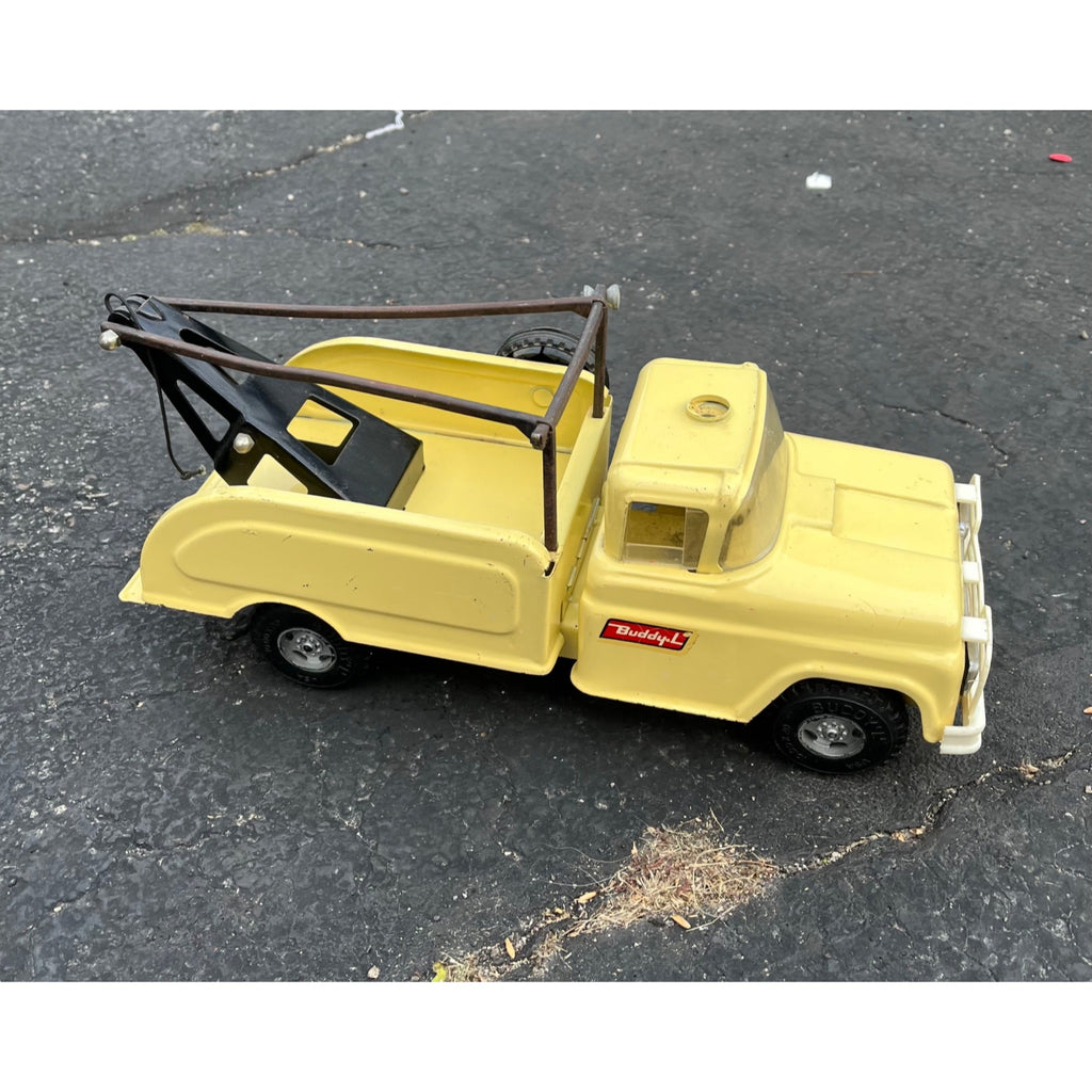 Vintage Buddy L Tow Wrecker Truck Yellow Pressed Steel Toy