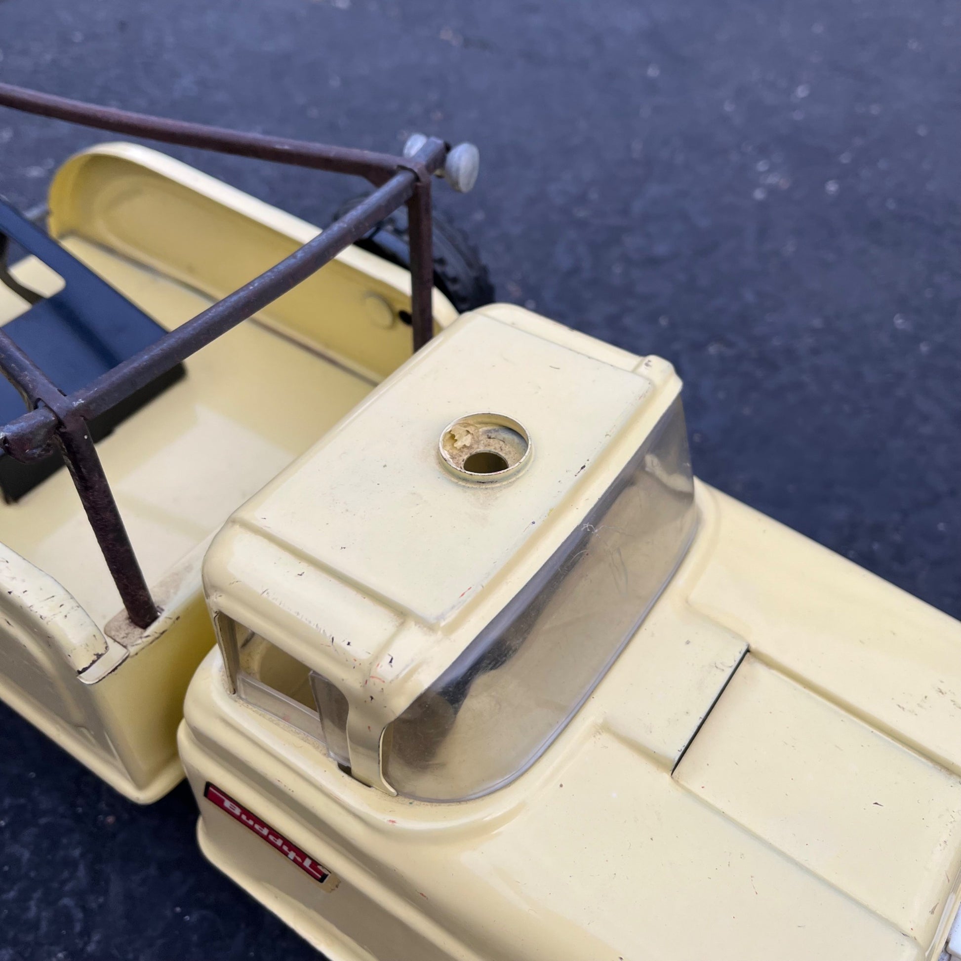 Vintage Buddy L Tow Wrecker Truck Yellow Pressed Steel Toy