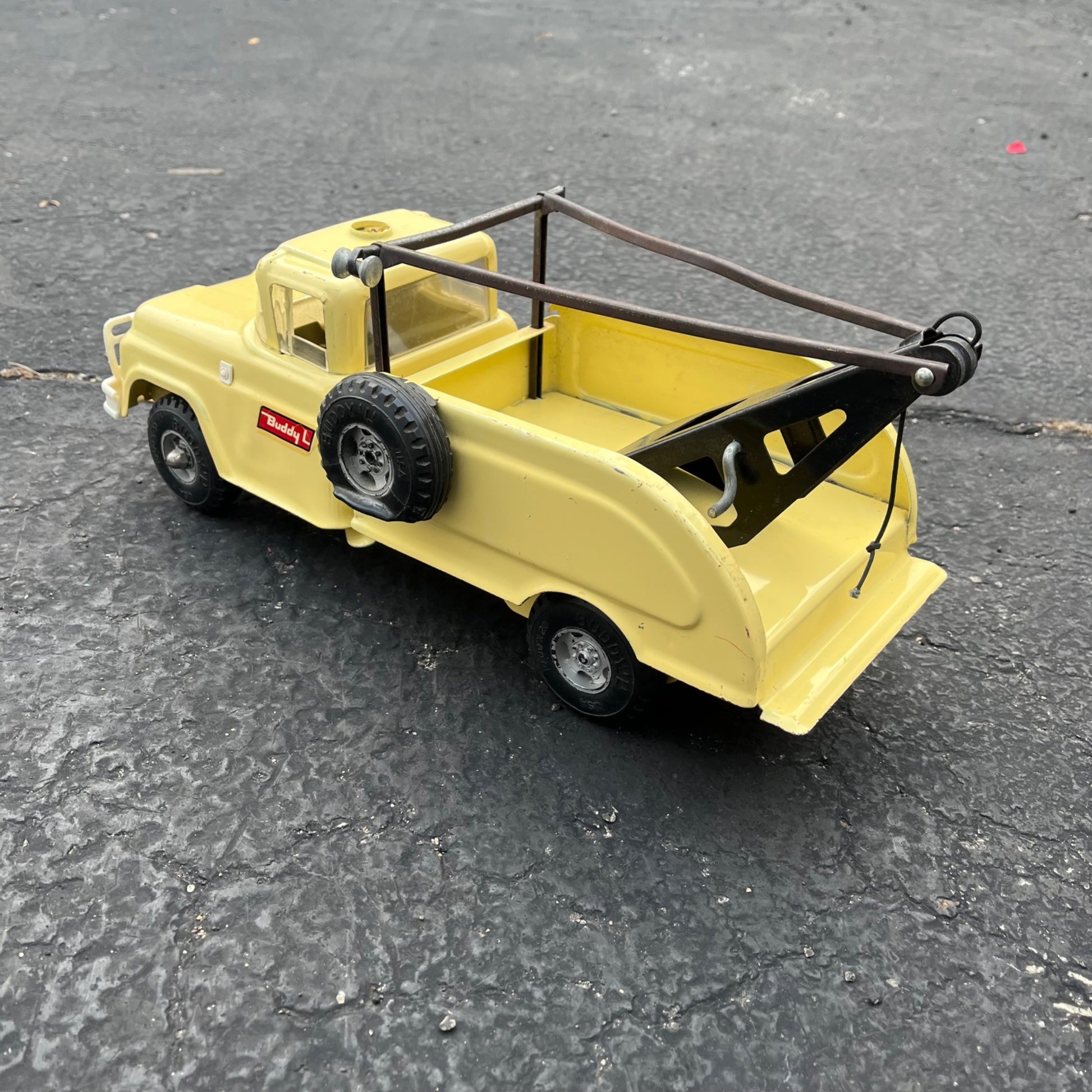Vintage Buddy L Tow Wrecker Truck Yellow Pressed Steel Toy