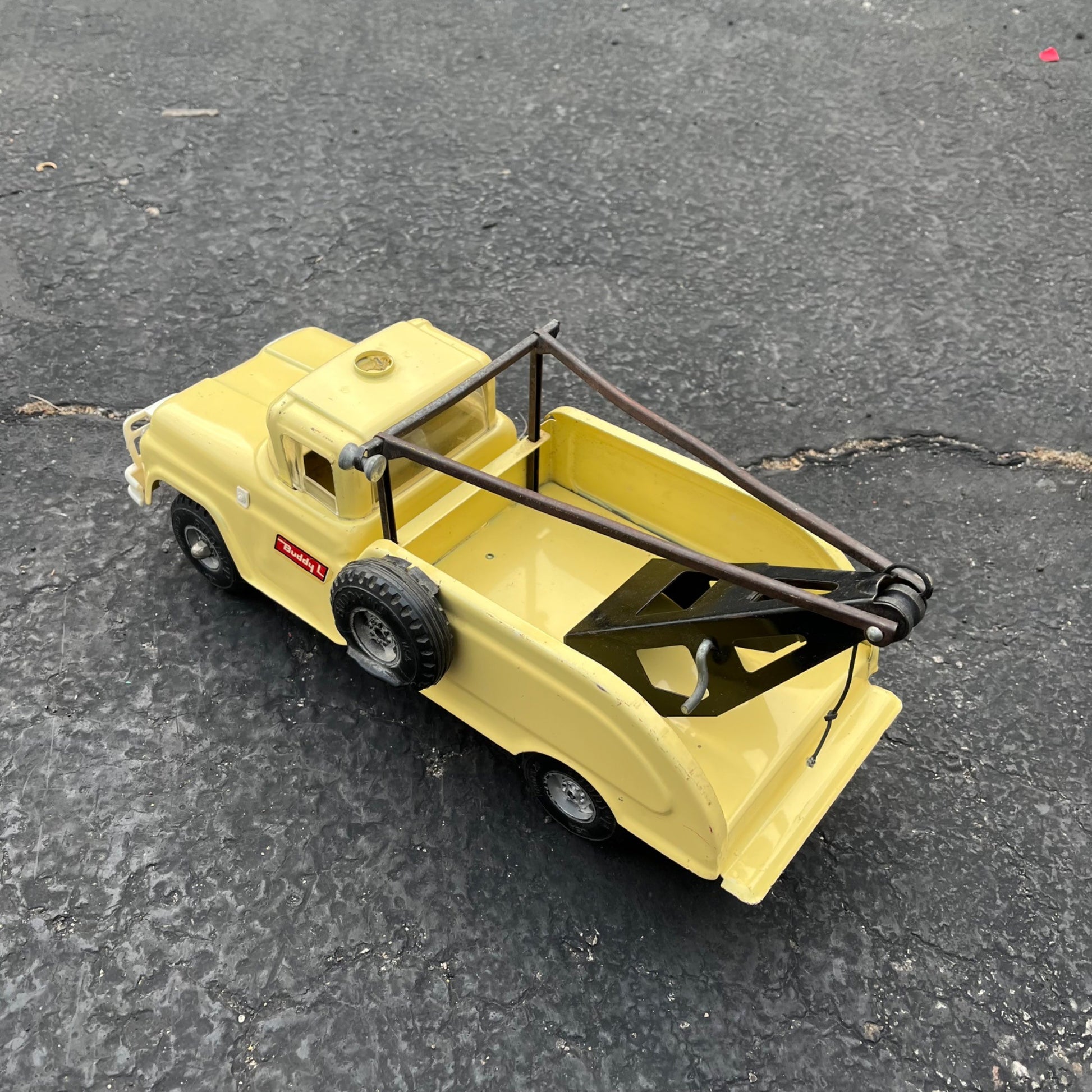 Vintage Buddy L Tow Wrecker Truck Yellow Pressed Steel Toy