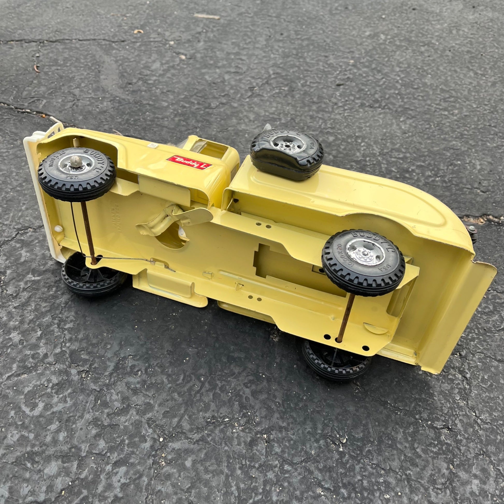 Vintage Buddy L Tow Wrecker Truck Yellow Pressed Steel Toy