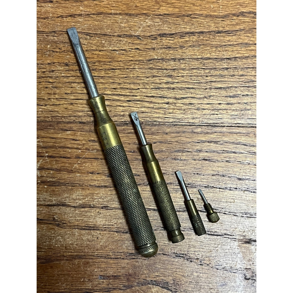 Stunning Vintage FREY Brass Nest of 4 Screwdrivers Slotted Nested Tool Set Vtg