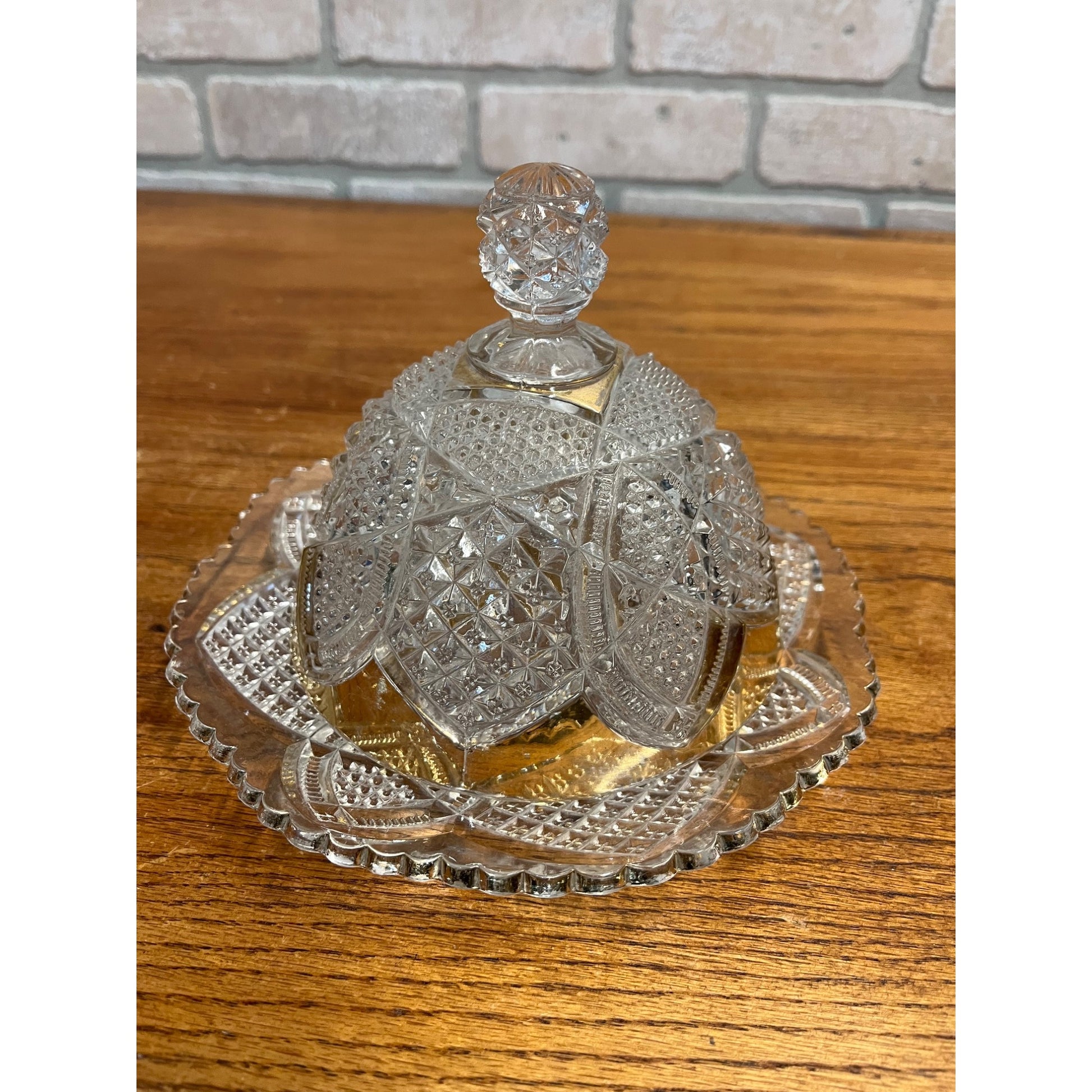 Antique EAPG Duncan & Sons Scalloped Six Point & Gold Domed Butter Dish No. 30