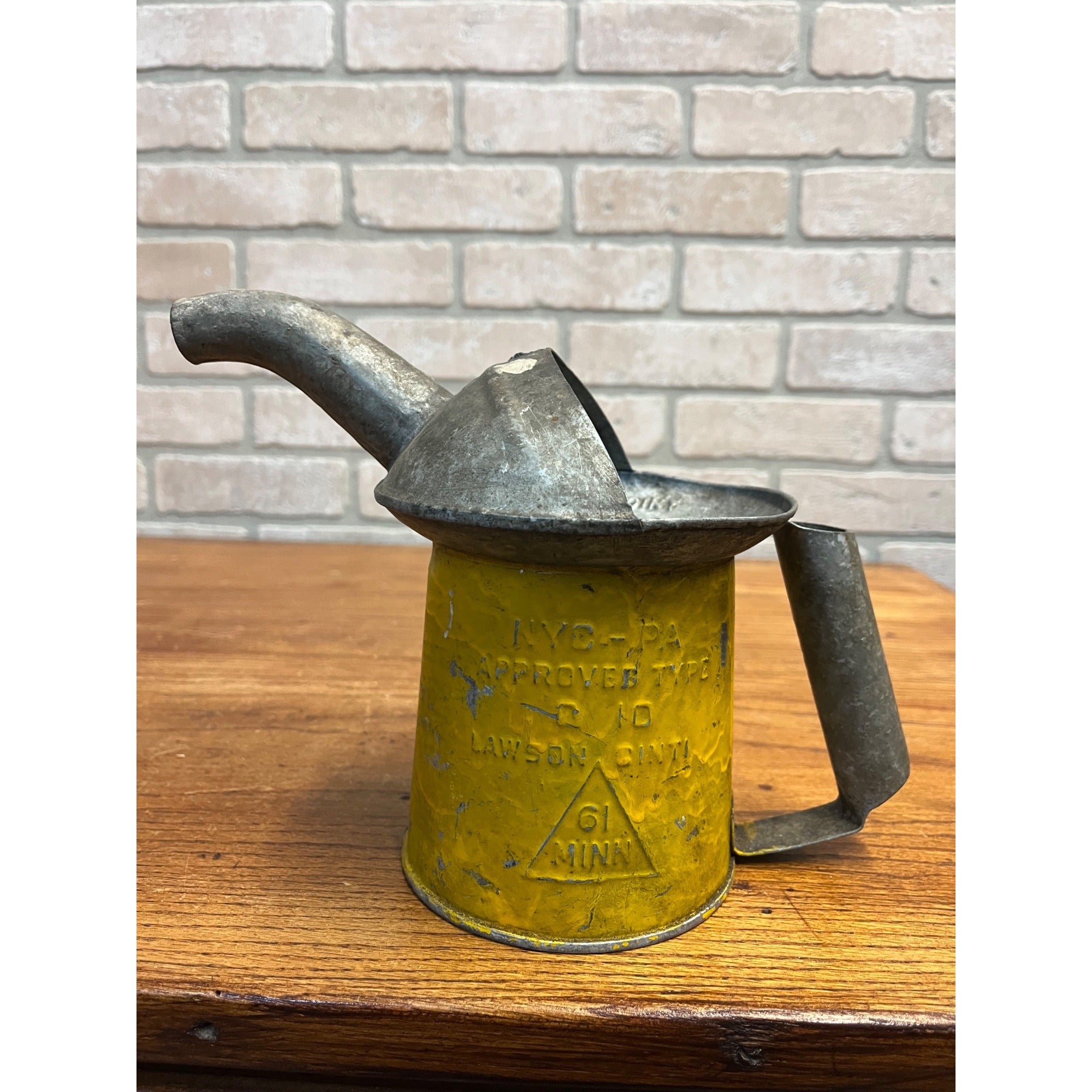 Antique Vintage Steel Oil Gas Can NYC-PA Approved Lawson Yellow Paint