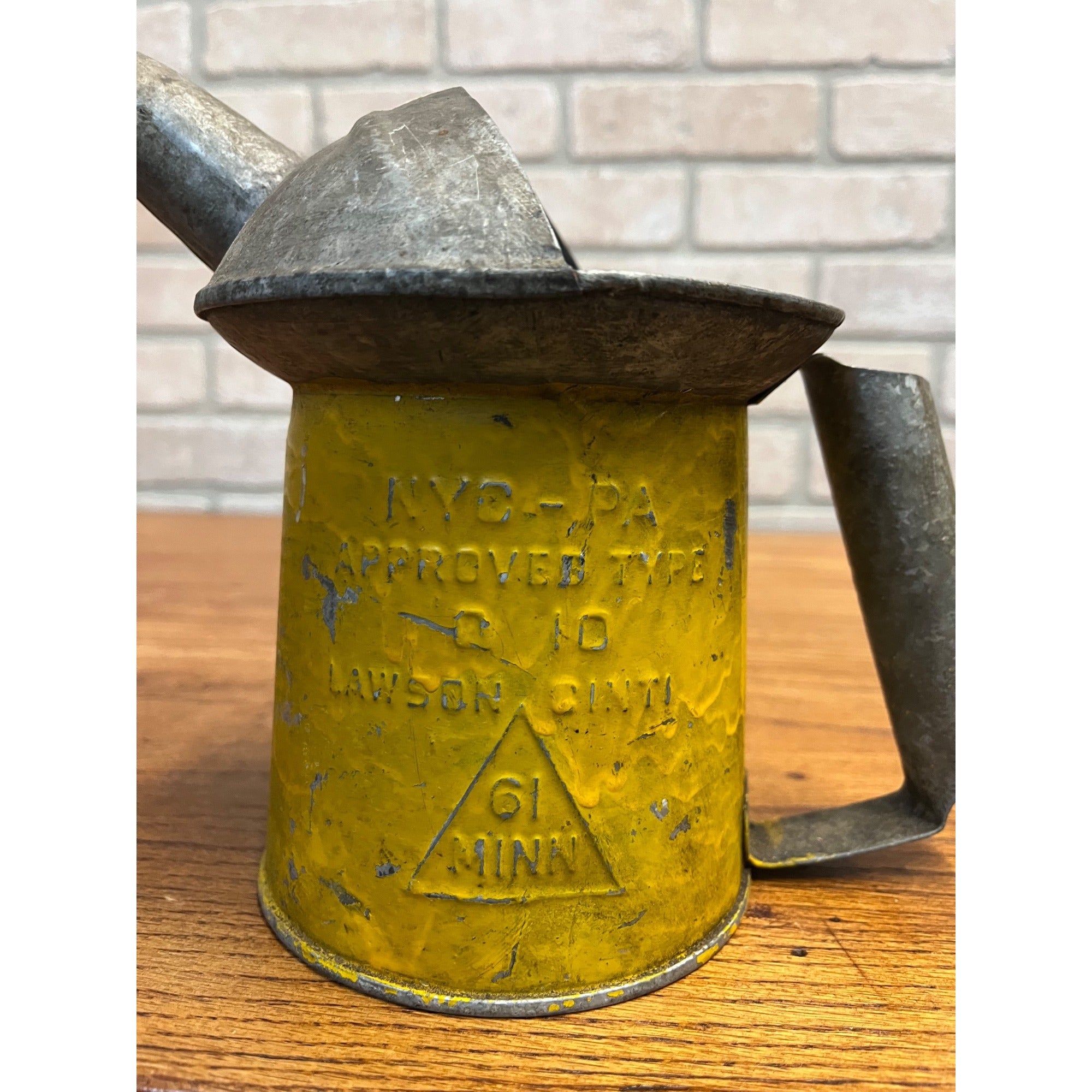 Antique Vintage Steel Oil Gas Can NYC-PA Approved Lawson Yellow Paint