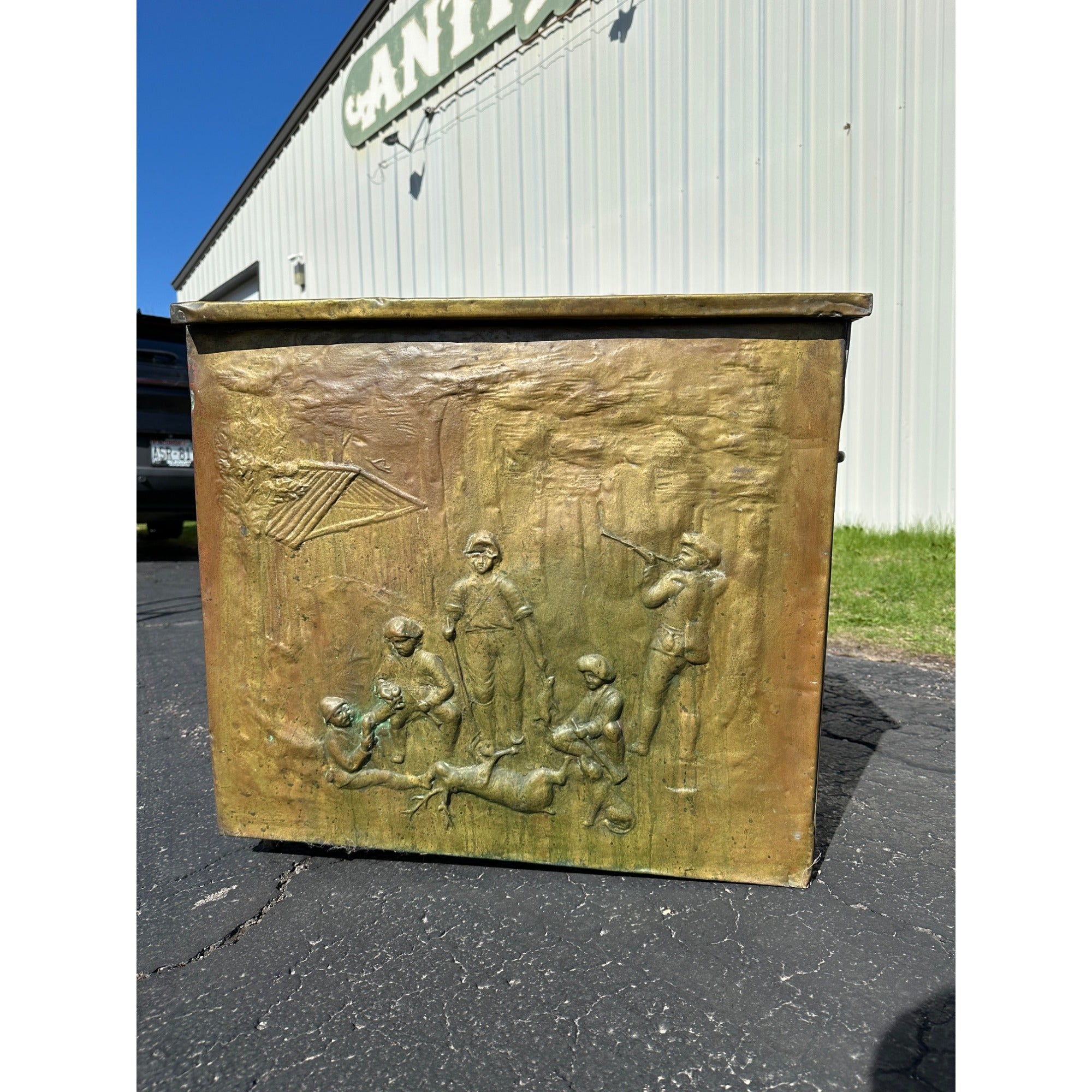 Antique English Repousse Brass Figural Pub Scene Old Fireplace Wood Fire Box