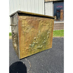Antique English Repousse Brass Figural Pub Scene Old Fireplace Wood Fire Box
