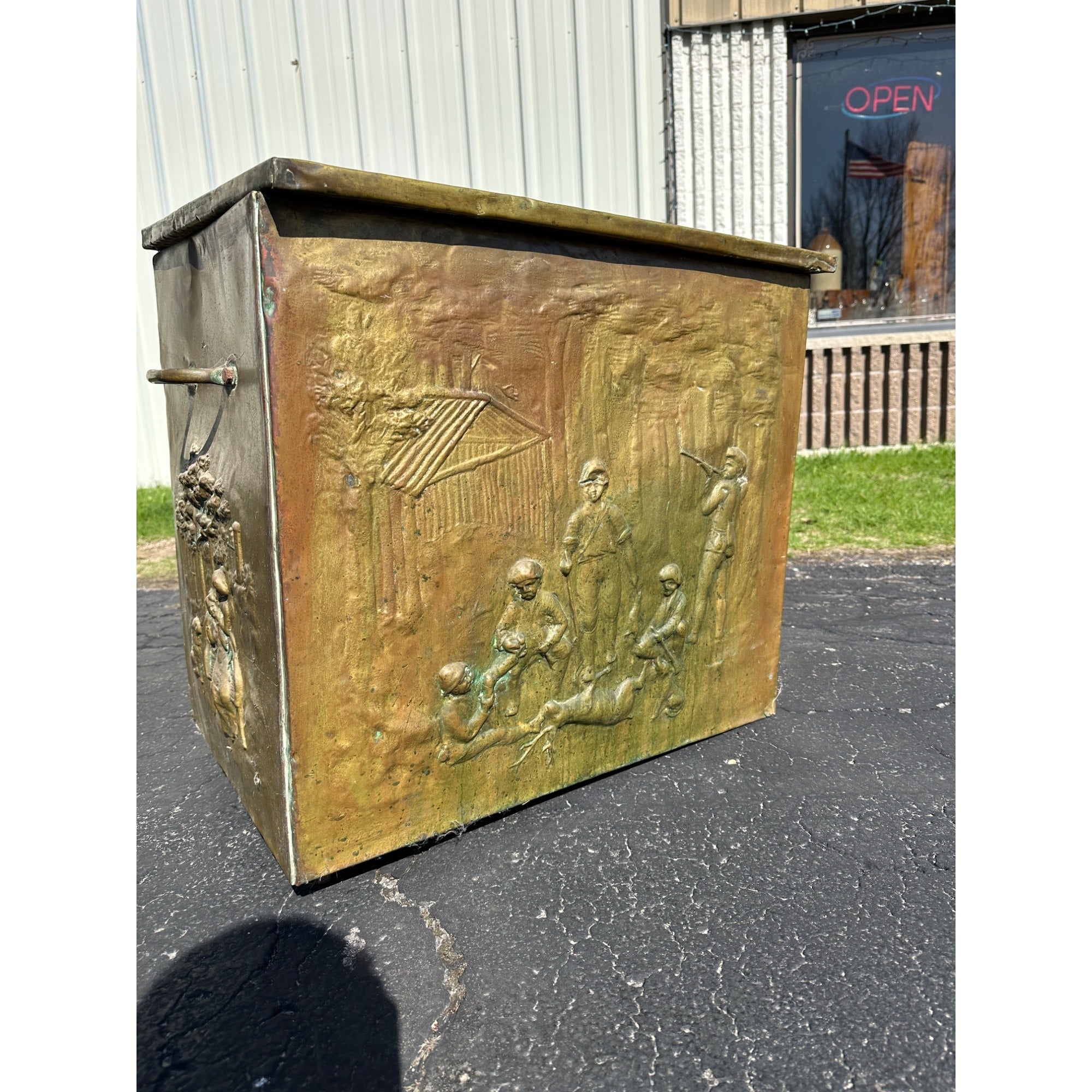 Antique English Repousse Brass Figural Pub Scene Old Fireplace Wood Fire Box