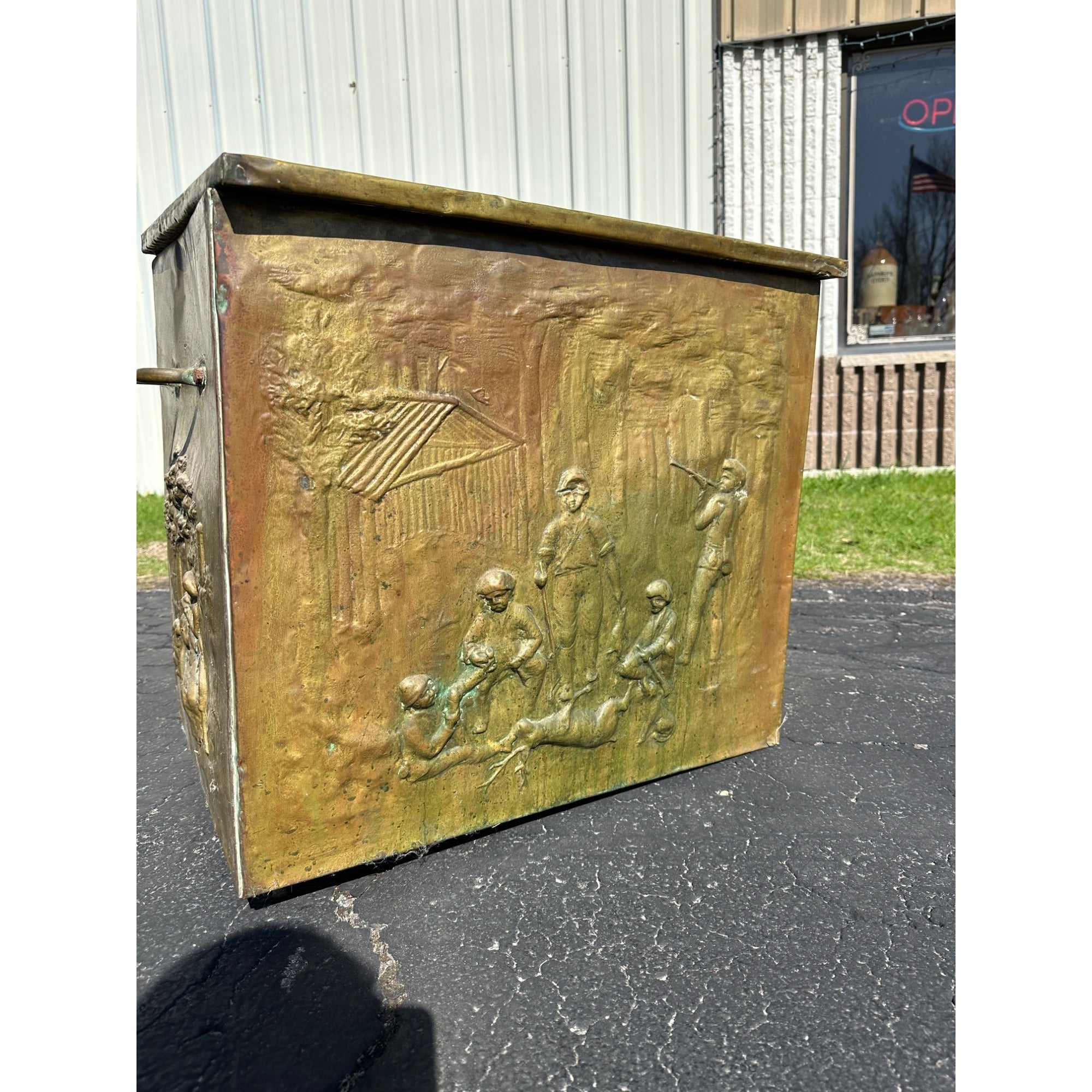 Antique English Repousse Brass Figural Pub Scene Old Fireplace Wood Fire Box