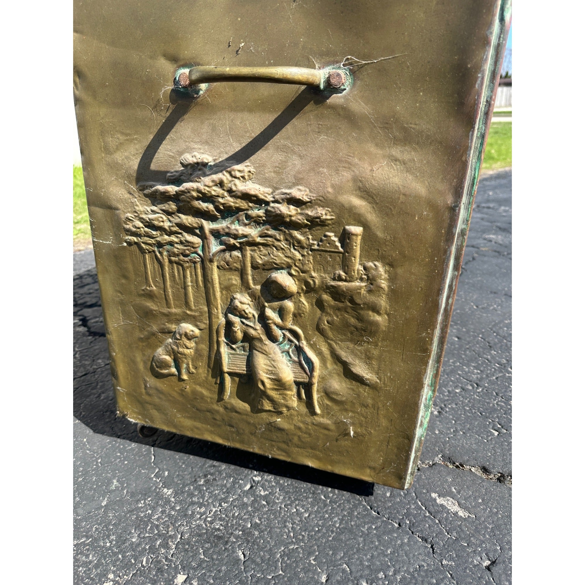 Antique English Repousse Brass Figural Pub Scene Old Fireplace Wood Fire Box