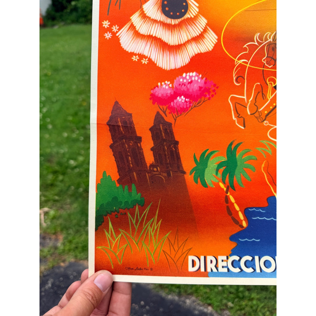 Original 1950s Mexico Direction Of Tourism Travel Poster Vintage Art 19" x 25"