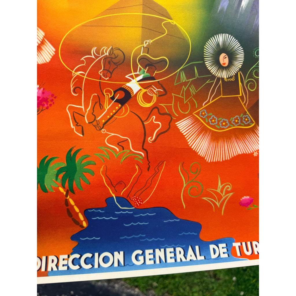 Original 1950s Mexico Direction Of Tourism Travel Poster Vintage Art 19" x 25"
