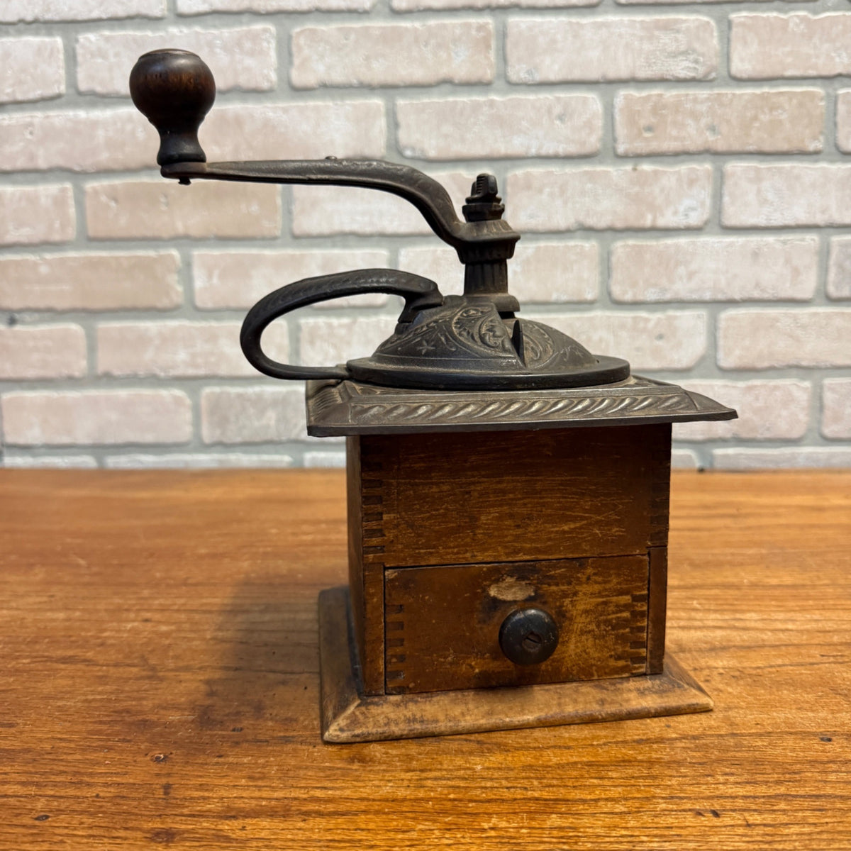 Vintage Dovetailed Coffee Grinder Wood Base With Collection Drawer and Cast Iron Top/Swing Crank Primitive Kitchen Decor