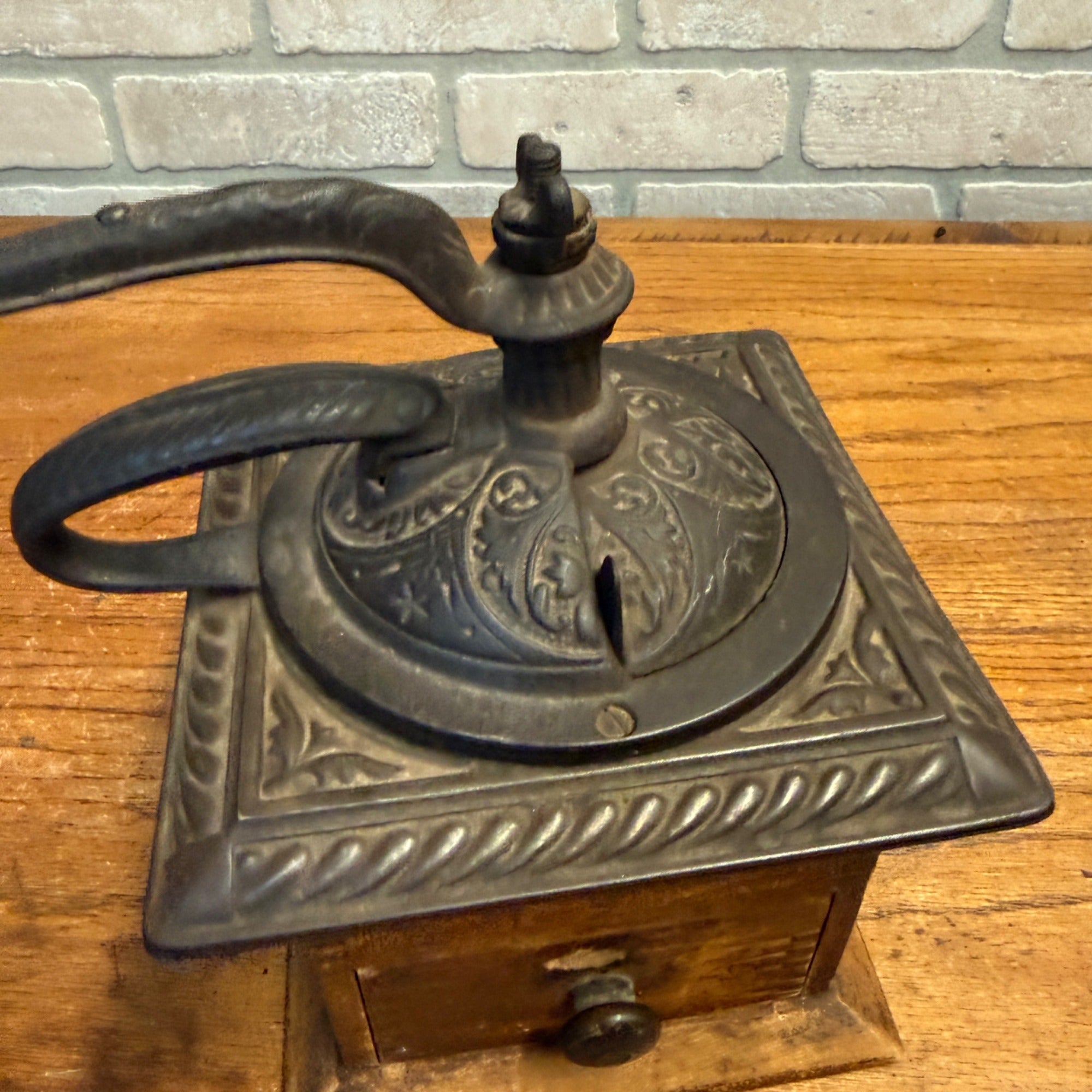 Vintage Dovetailed Coffee Grinder Wood Base With Collection Drawer and Cast Iron Top/Swing Crank Primitive Kitchen Decor
