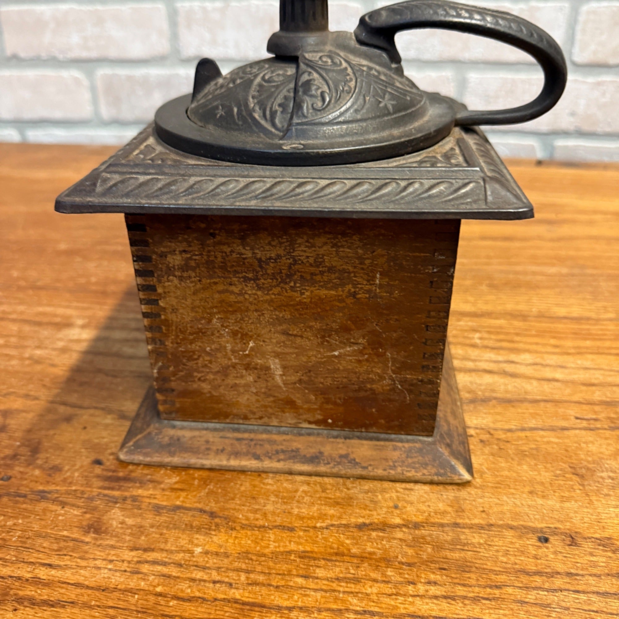 Vintage Dovetailed Coffee Grinder Wood Base With Collection Drawer and Cast Iron Top/Swing Crank Primitive Kitchen Decor