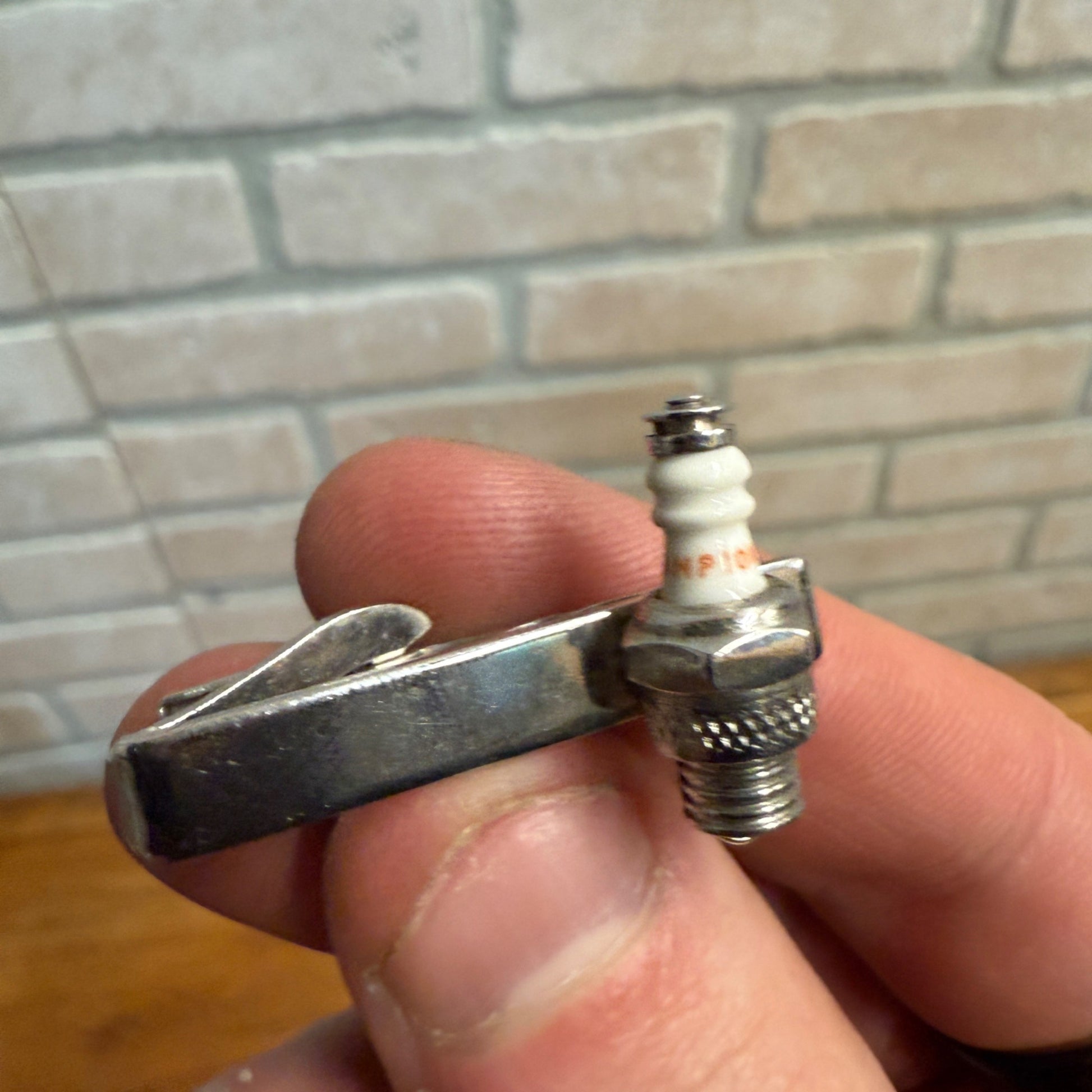 Vintage Champion Spark Plug Tie Clip Silver Tone Bar Clasp