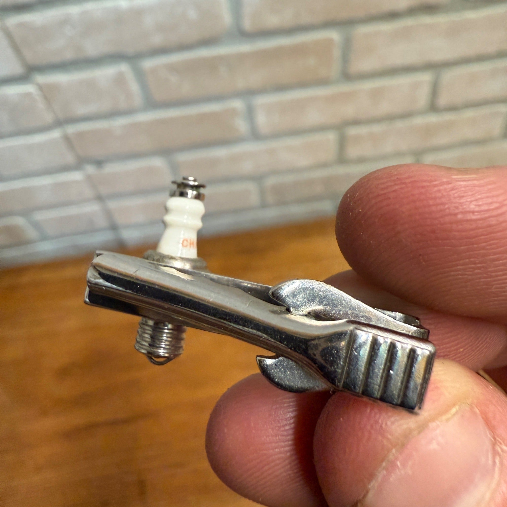 Vintage Champion Spark Plug Tie Clip Silver Tone Bar Clasp