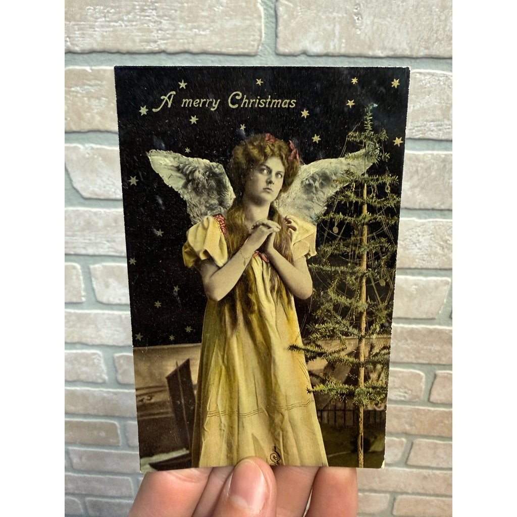 Antique German Christmas Postcard Praying Angel & Tree - Series 1538 Arnochrom