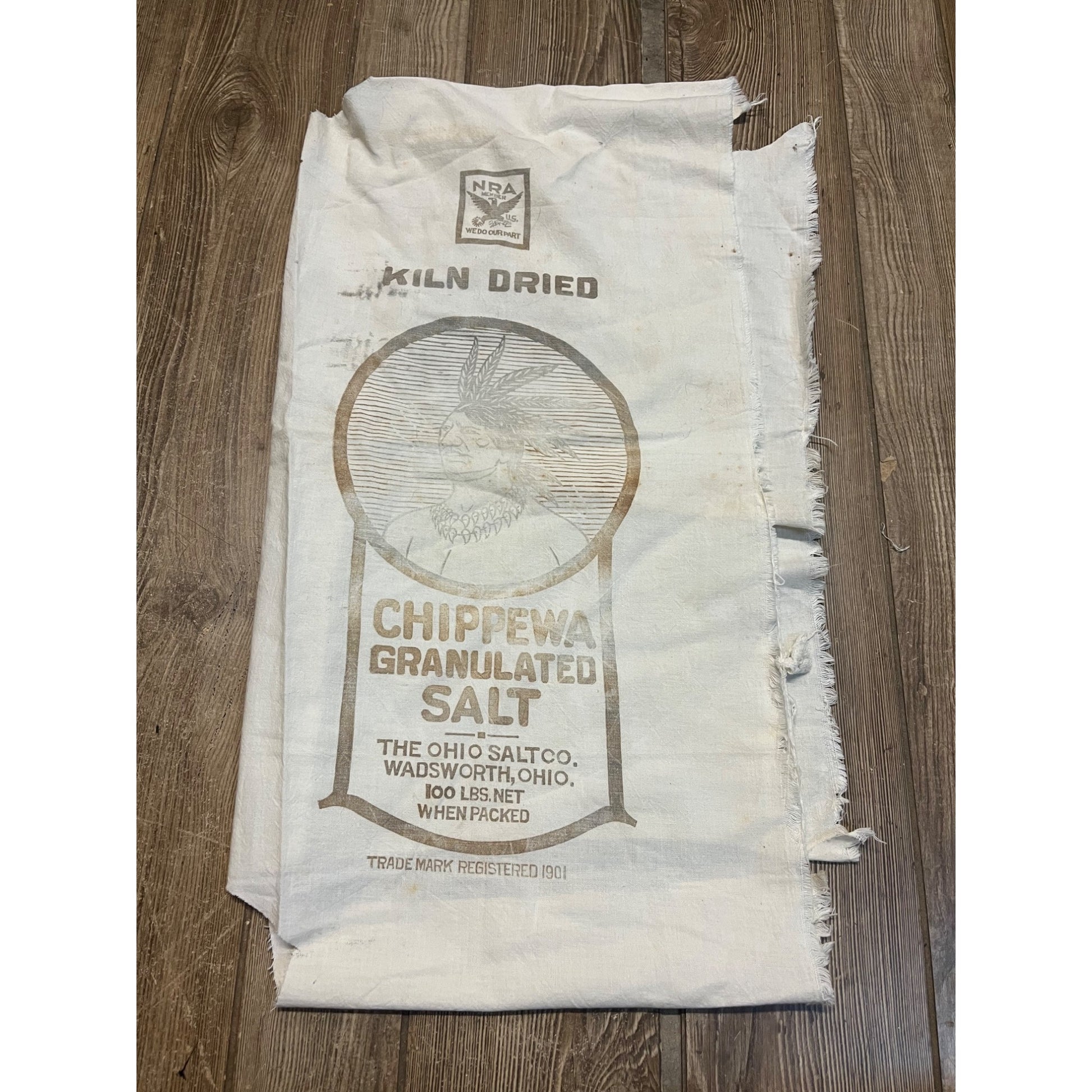 Vintage Chippewa Salt NRA 100lb Wadsworth Ohio Cloth Sack Advertising Indian