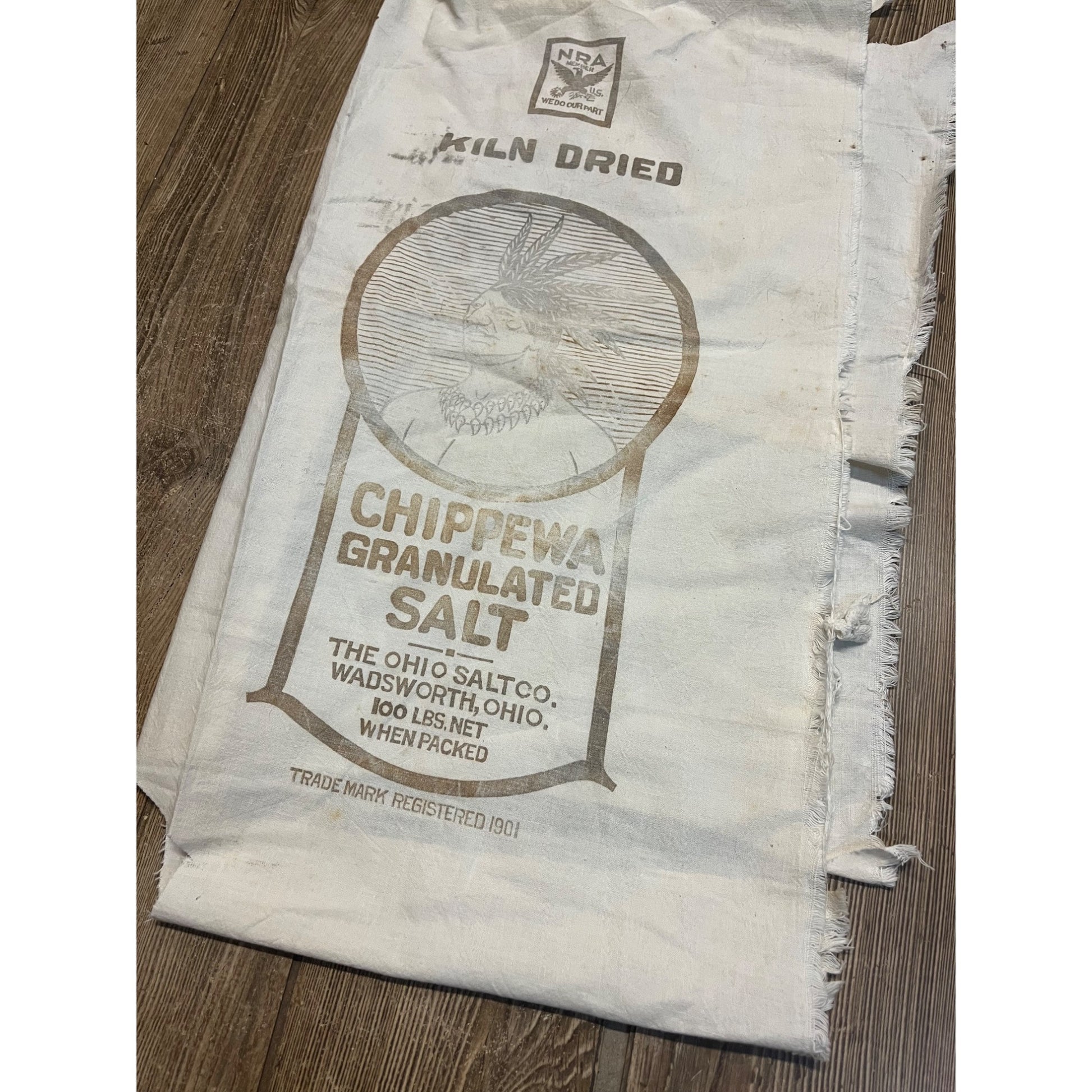 Vintage Chippewa Salt NRA 100lb Wadsworth Ohio Cloth Sack Advertising Indian