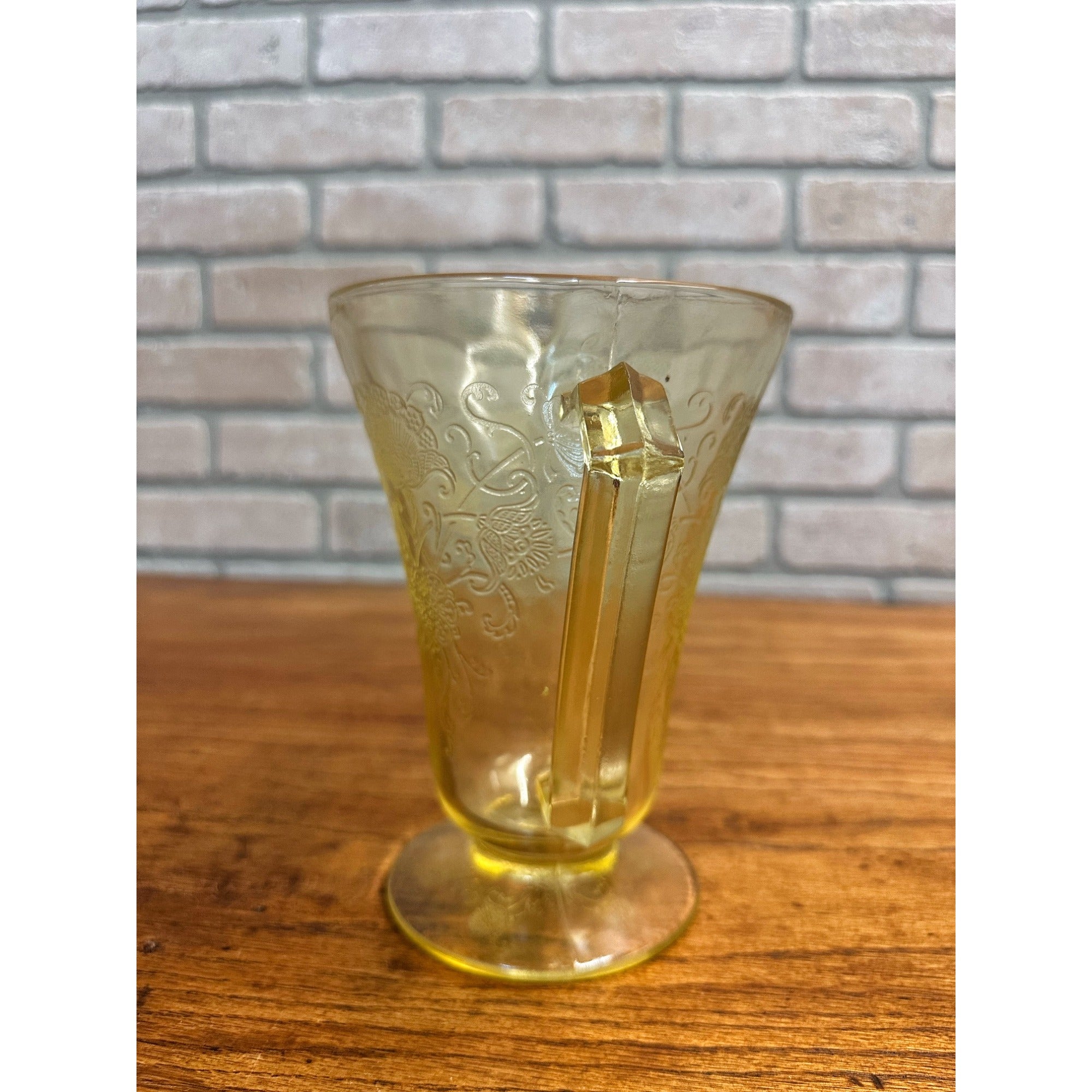 Vintage Hazel Atlas Footed Pitcher Florentine Poppy #2 Yellow Depression Glass