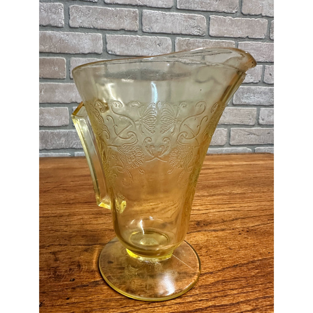 Vintage Hazel Atlas Footed Pitcher Florentine Poppy #2 Yellow Depression Glass