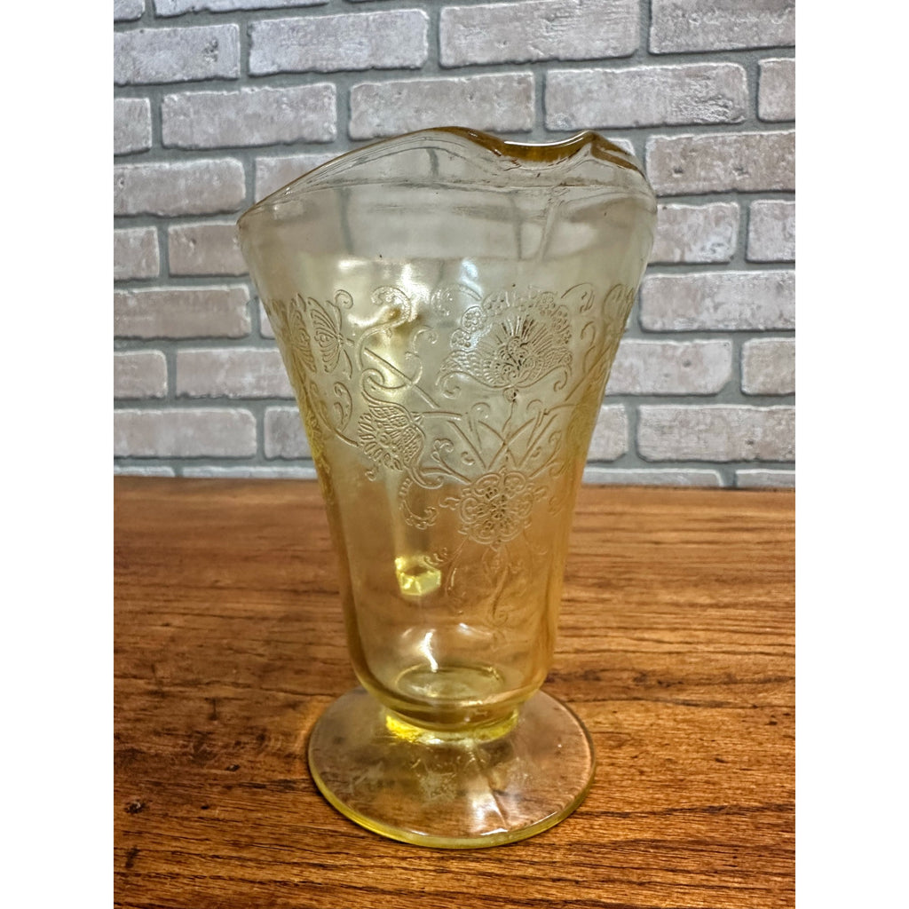 Vintage Hazel Atlas Footed Pitcher Florentine Poppy #2 Yellow Depression Glass