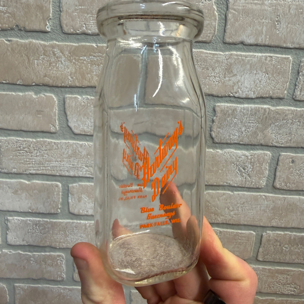 Hartway Dairy Blue Boulder Guernseys Park Falls, Wis. Glass Milk Bottle