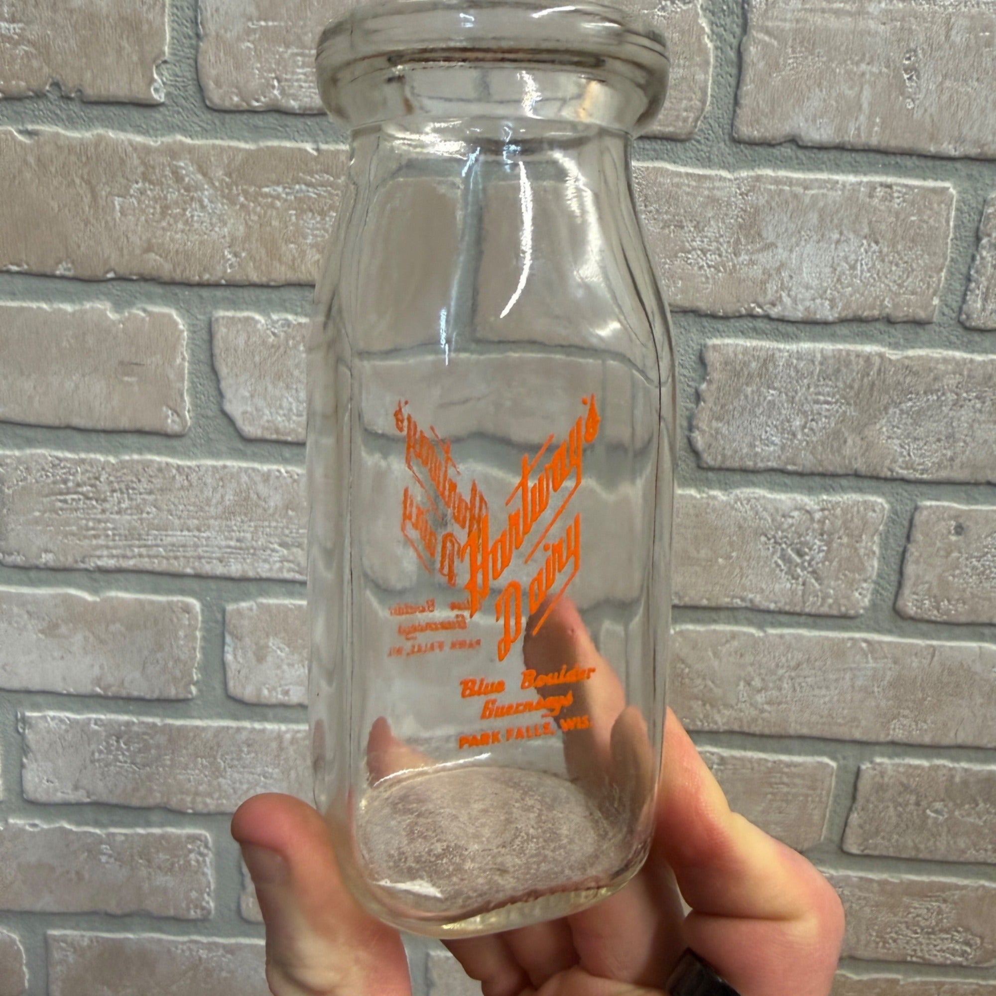 Hartway Dairy Blue Boulder Guernseys Park Falls, Wis. Glass Milk Bottle