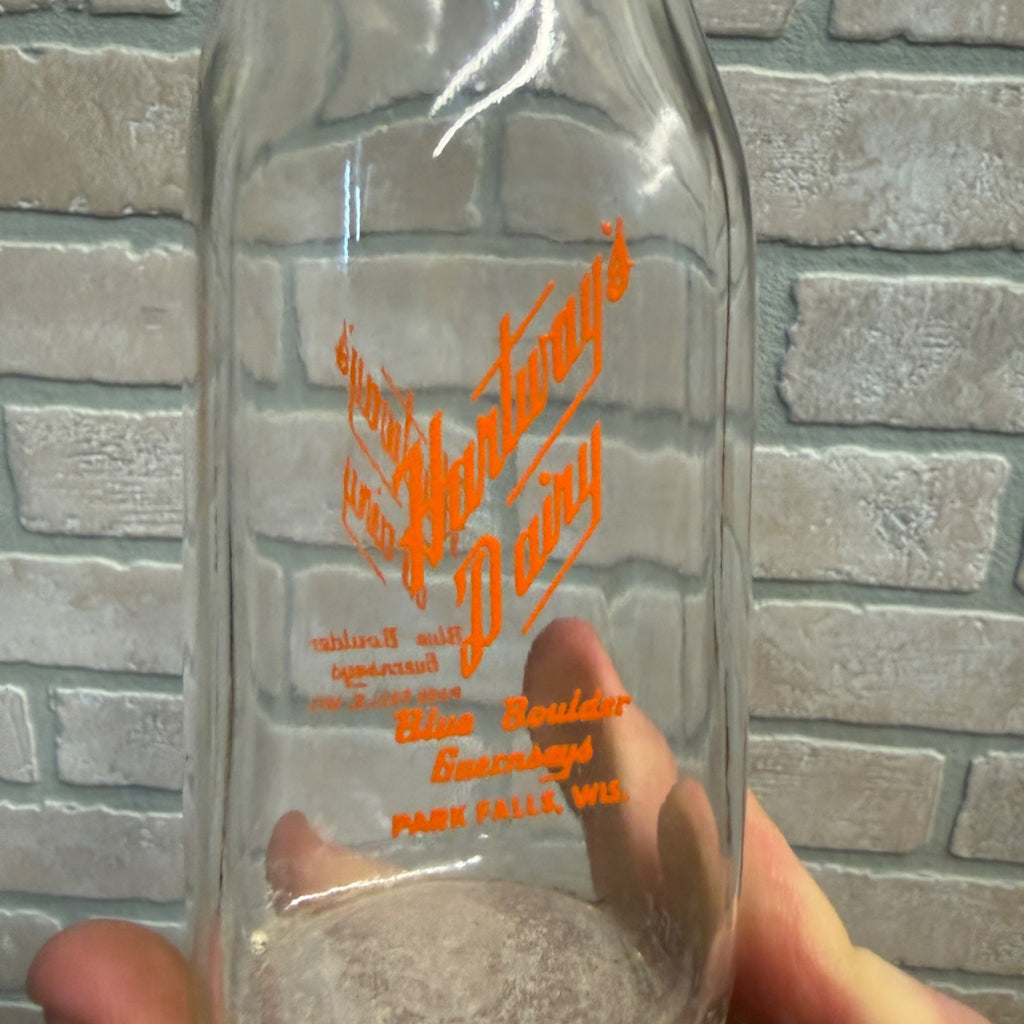 Hartway Dairy Blue Boulder Guernseys Park Falls, Wis. Glass Milk Bottle