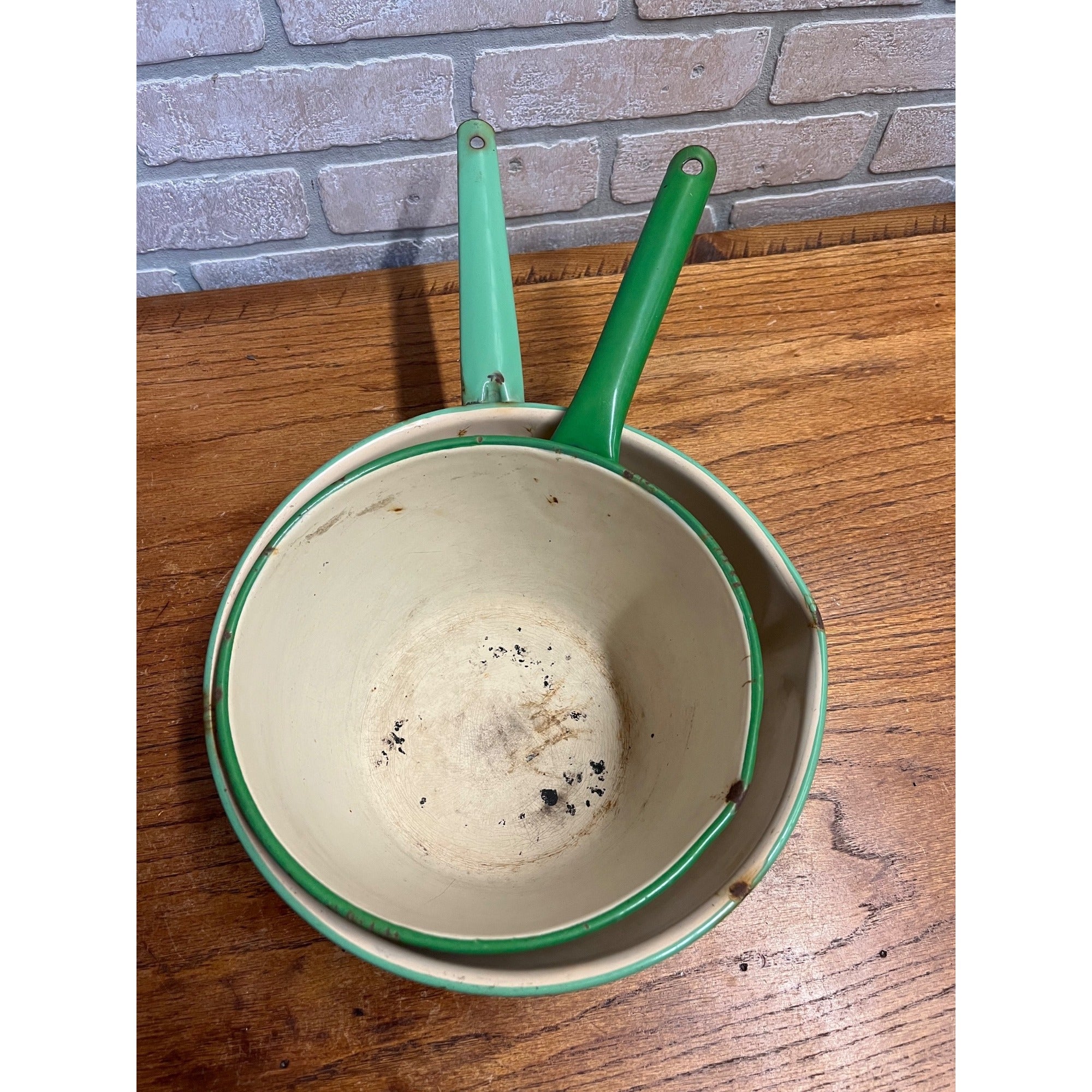 Antique Primitive Graniteware Green and Cream / Off White / Set of two Pots/ / Farmhouse/ Kitchen Decor