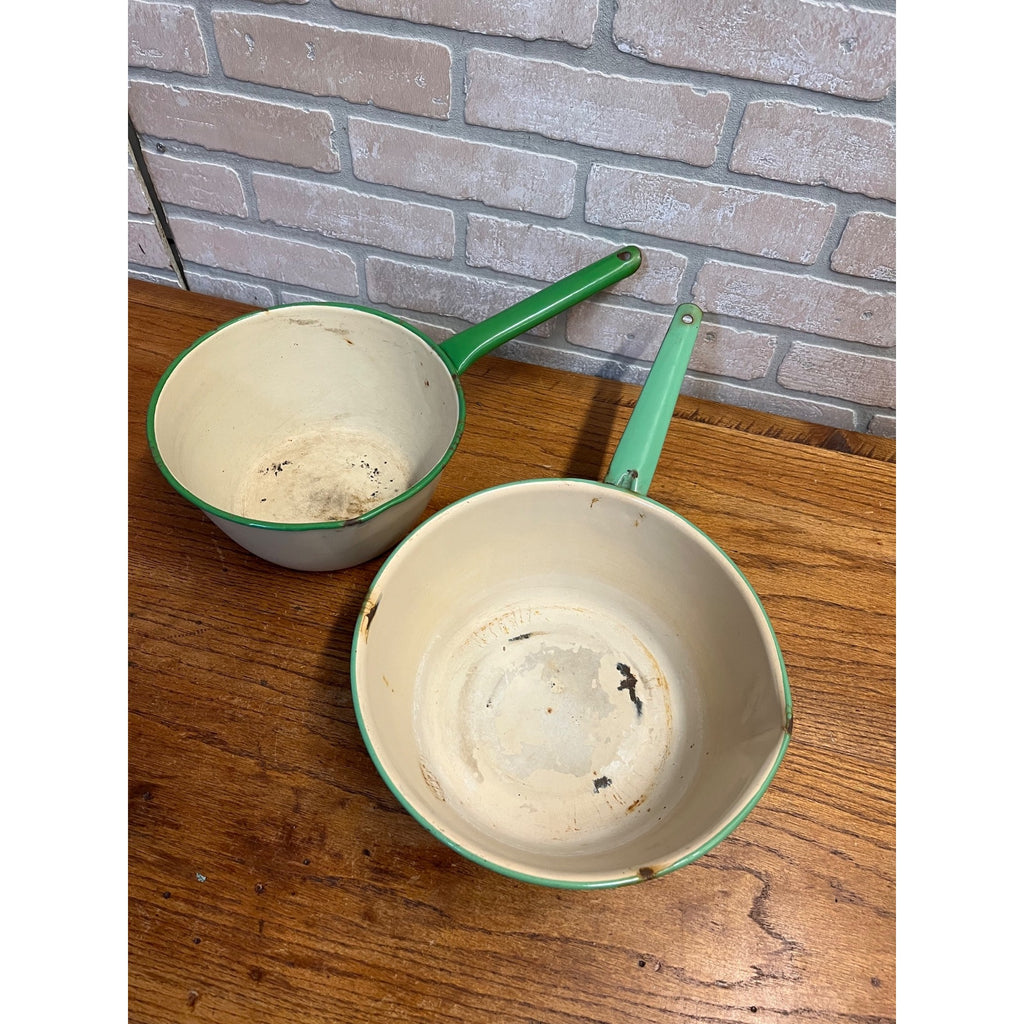 Antique Primitive Graniteware Green and Cream / Off White / Set of two Pots/ / Farmhouse/ Kitchen Decor