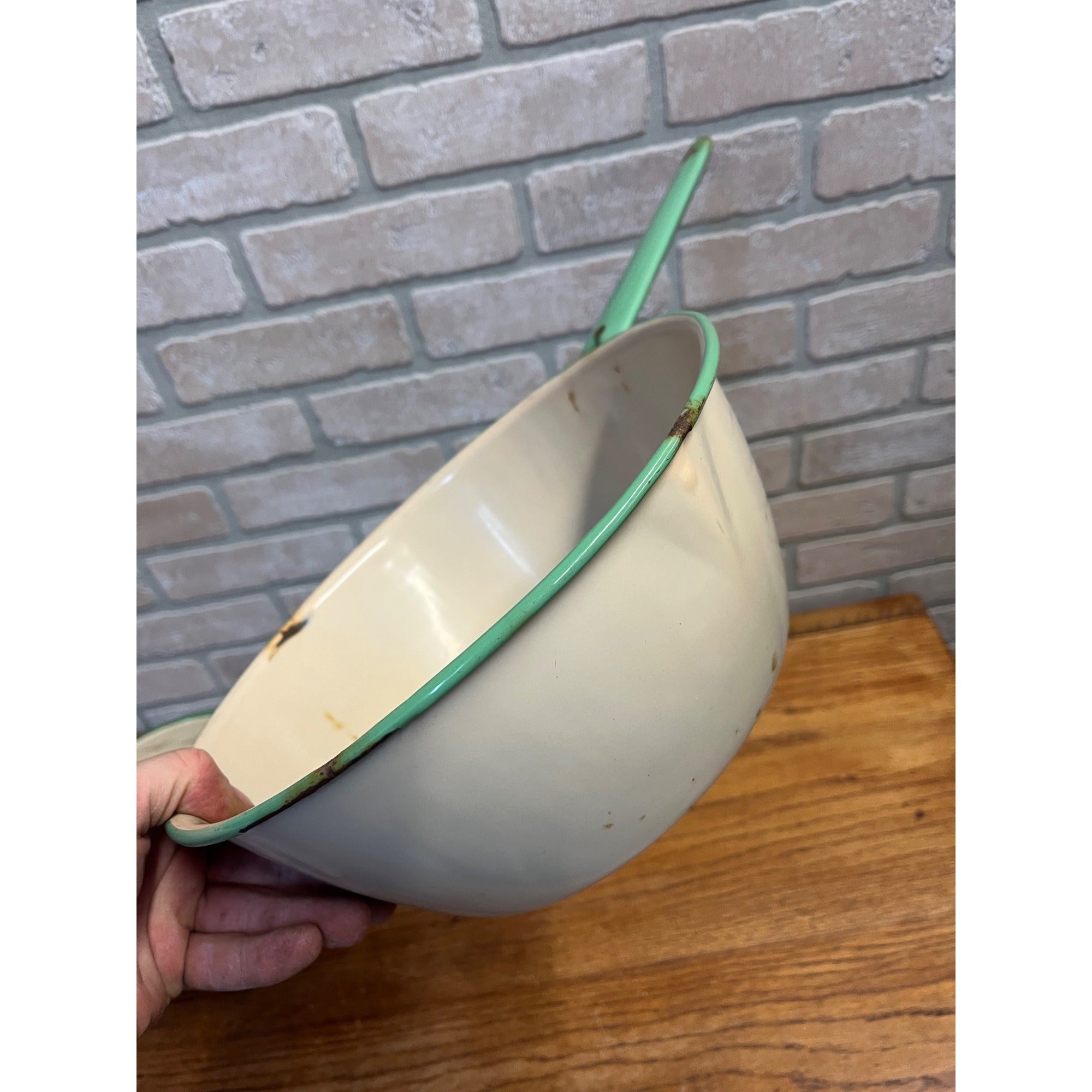 Antique Primitive Graniteware Green and Cream / Off White / Set of two Pots/ / Farmhouse/ Kitchen Decor