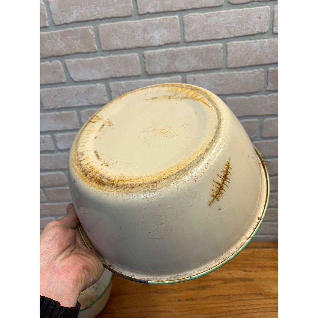 Antique Primitive Graniteware Green and Cream / Off White / Set of two Pots/ / Farmhouse/ Kitchen Decor