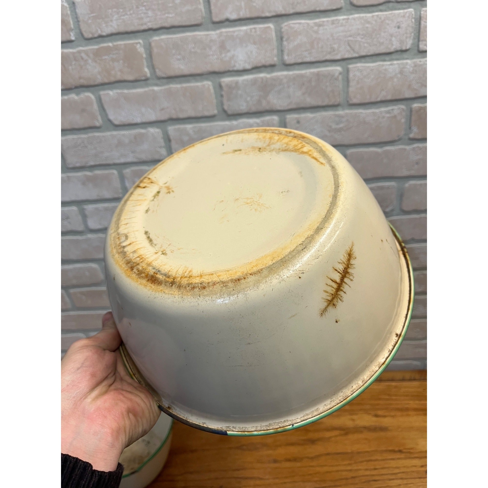 Antique Primitive Graniteware Green and Cream / Off White / Set of two Pots/ / Farmhouse/ Kitchen Decor
