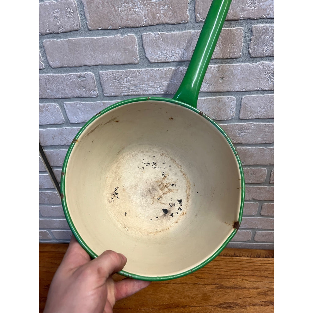 Antique Primitive Graniteware Green and Cream / Off White / Set of two Pots/ / Farmhouse/ Kitchen Decor