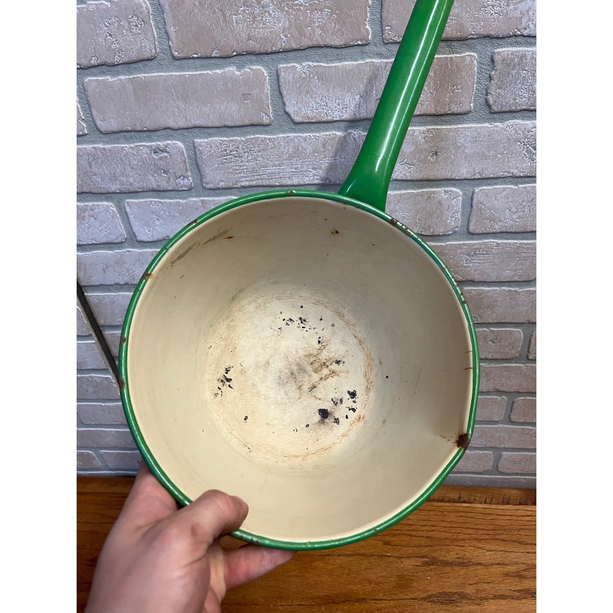 Antique Primitive Graniteware Green and Cream / Off White / Set of two Pots/ / Farmhouse/ Kitchen Decor