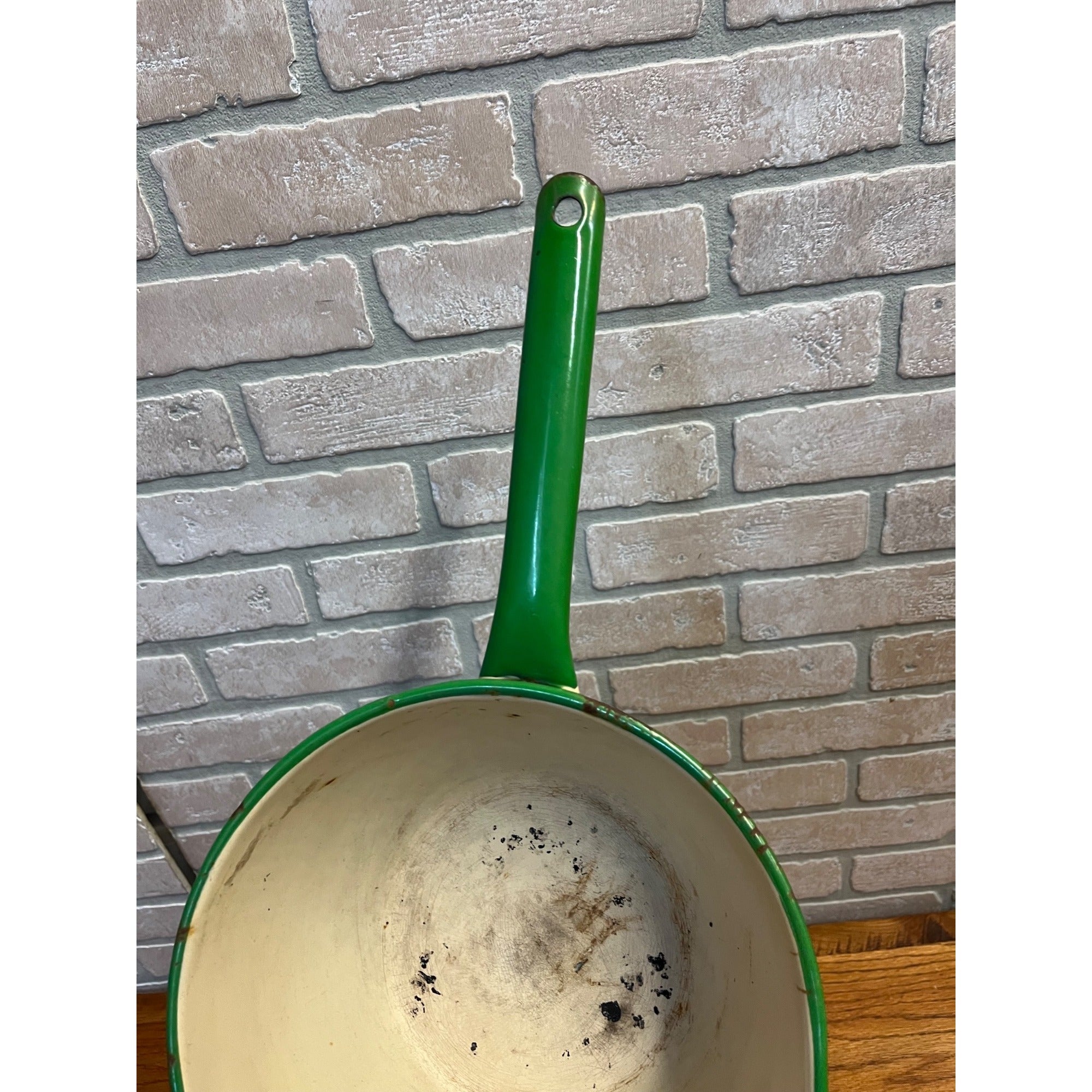 Antique Primitive Graniteware Green and Cream / Off White / Set of two Pots/ / Farmhouse/ Kitchen Decor