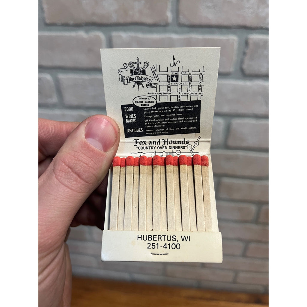 Karl Ratzschs Fox & Hounds Restaurant Hubertus WI Vintage Advertising Matchbook