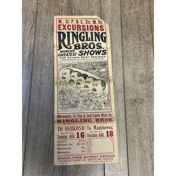 Vintage c1910 Original Ringling Bros Circus Soo Line Railroad Broadside Poster
