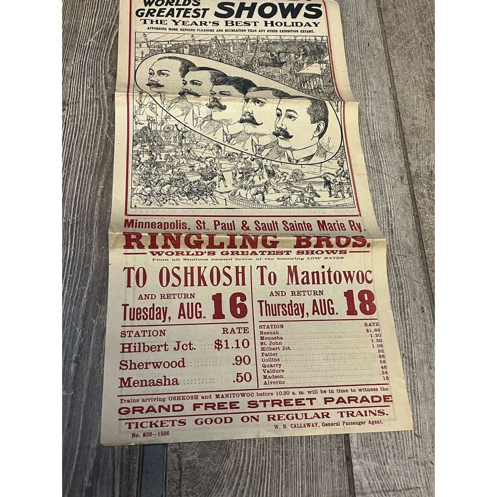 Vintage c1910 Original Ringling Bros Circus Soo Line Railroad Broadside Poster