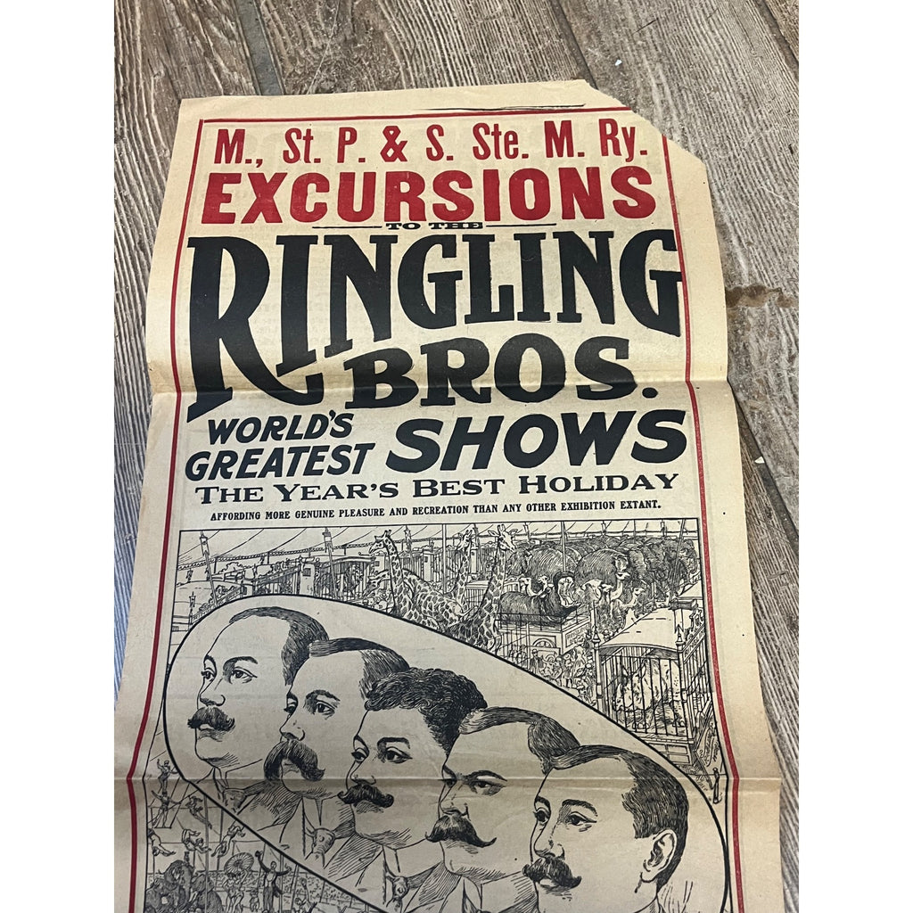 Vintage c1910 Original Ringling Bros Circus Soo Line Railroad Broadside Poster