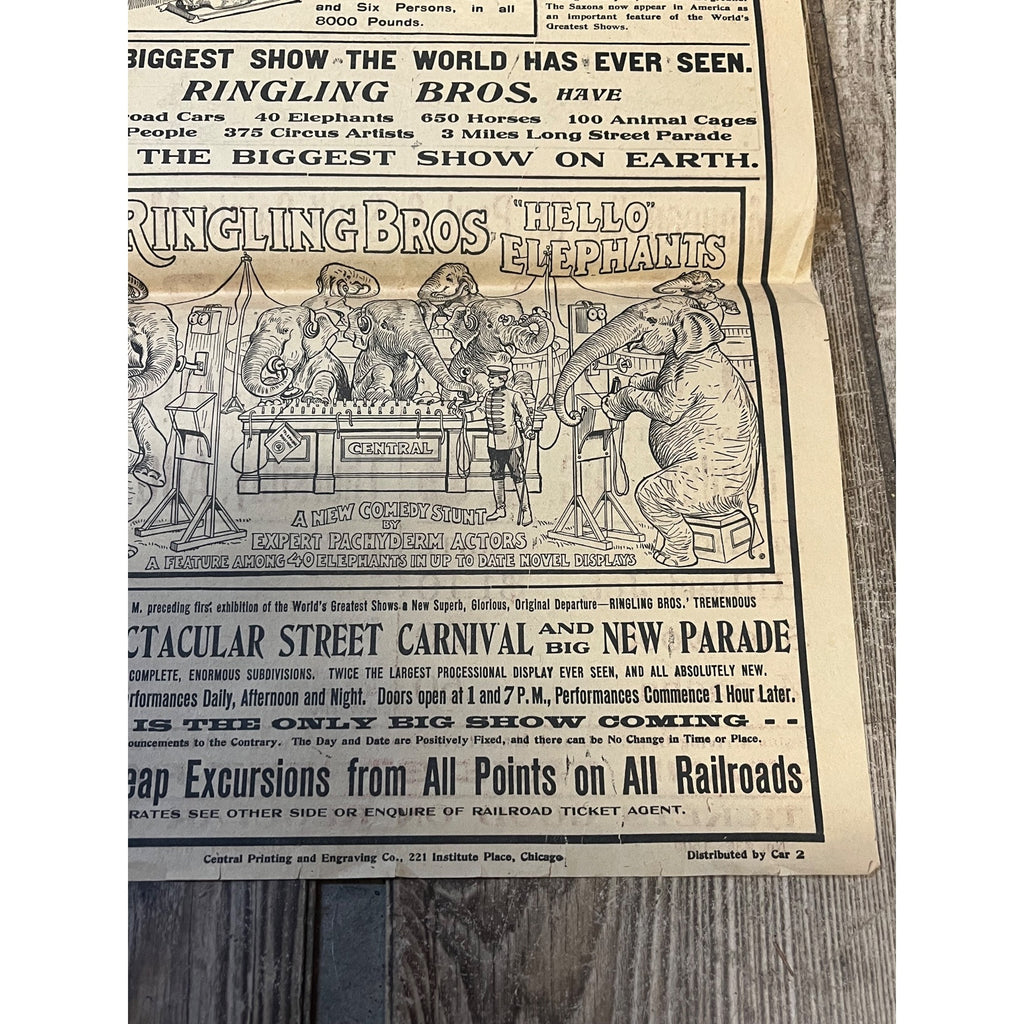 Vintage c1910 Original Ringling Bros Circus Soo Line Railroad Broadside Poster