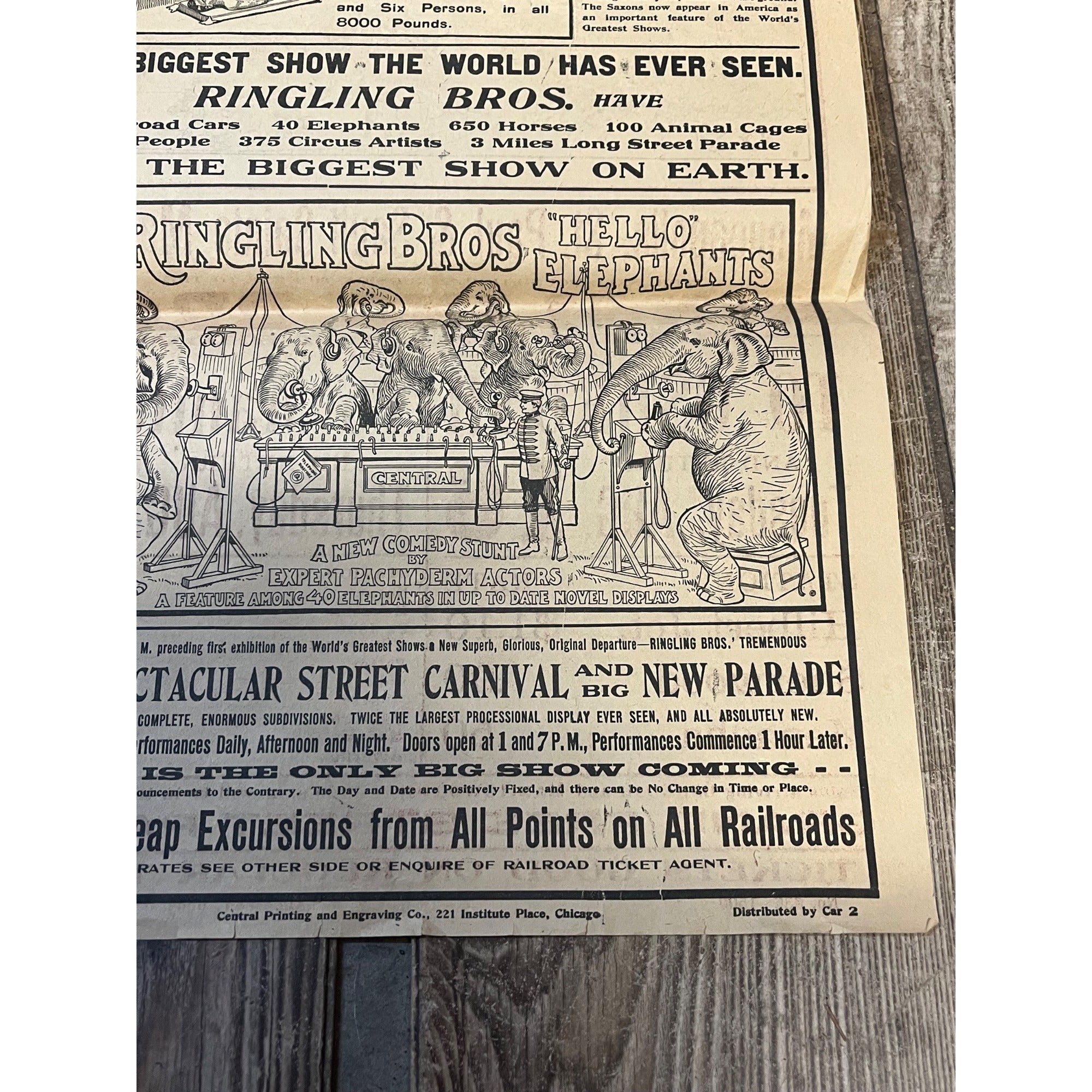 Vintage c1910 Original Ringling Bros Circus Soo Line Railroad Broadside Poster