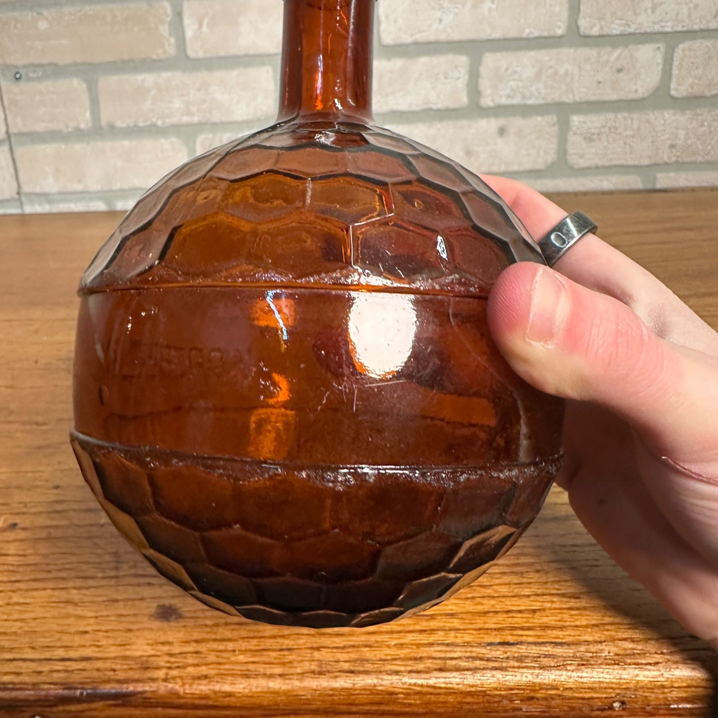 Antique Korbeline Antique Honeycomb Grenade Amber Brown Glass Medicine Bottle