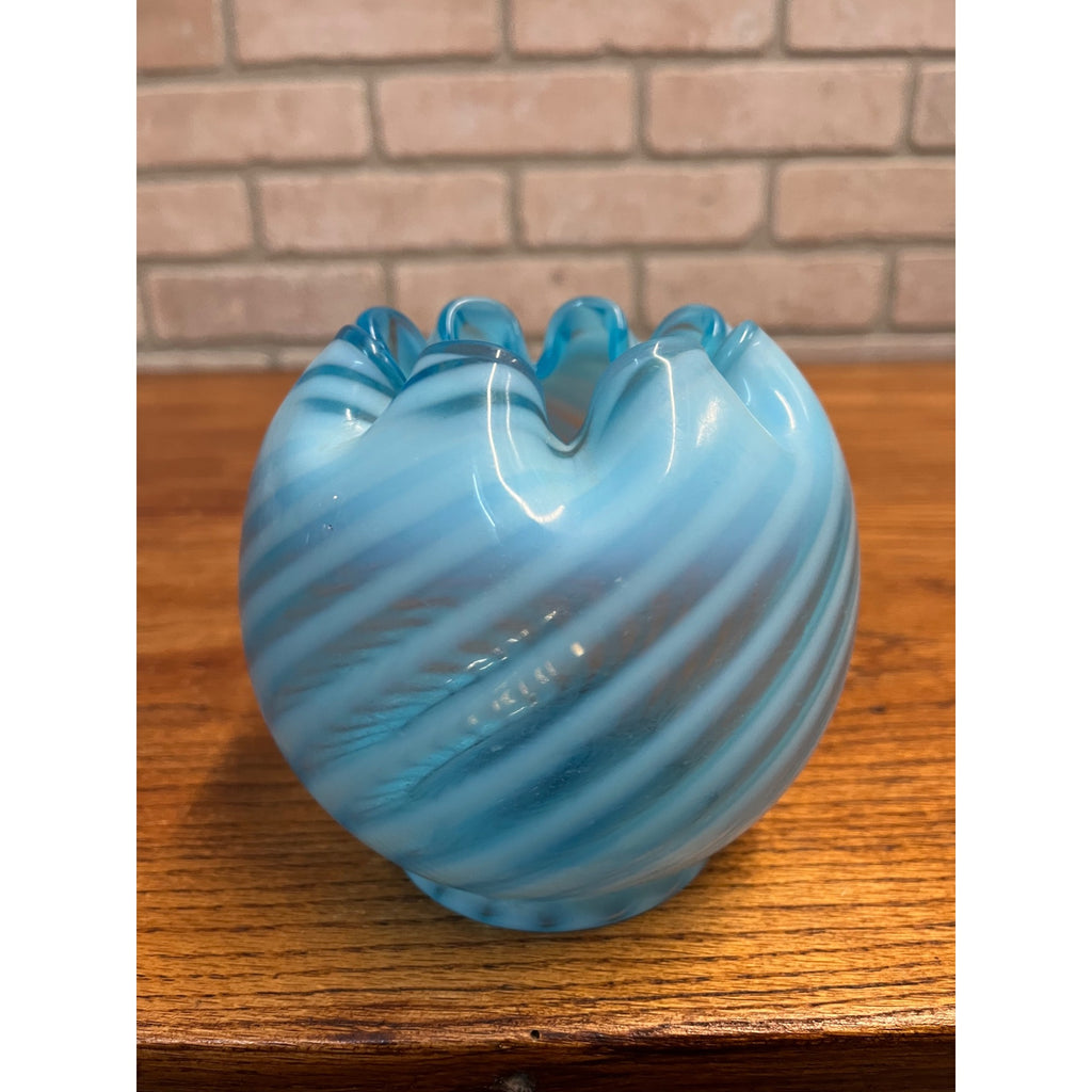 Rare Vintage Fenton Blue Opalescent Spiral Optic Rose Bowl Vase 5"