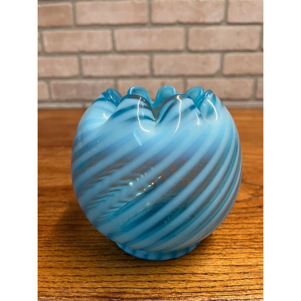Rare Vintage Fenton Blue Opalescent Spiral Optic Rose Bowl Vase 5"