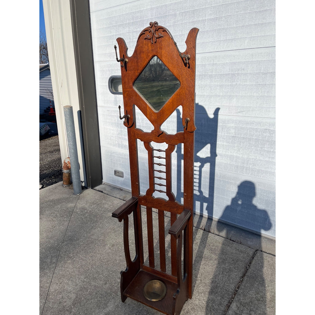 Antique 1900s Oak Hall Tree Stand Mirror Coat Rack Umbrella Brass Pan Arts & Crafts