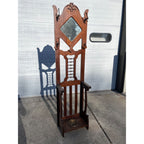 Antique 1900s Oak Hall Tree Stand Mirror Coat Rack Umbrella Brass Pan Arts & Crafts