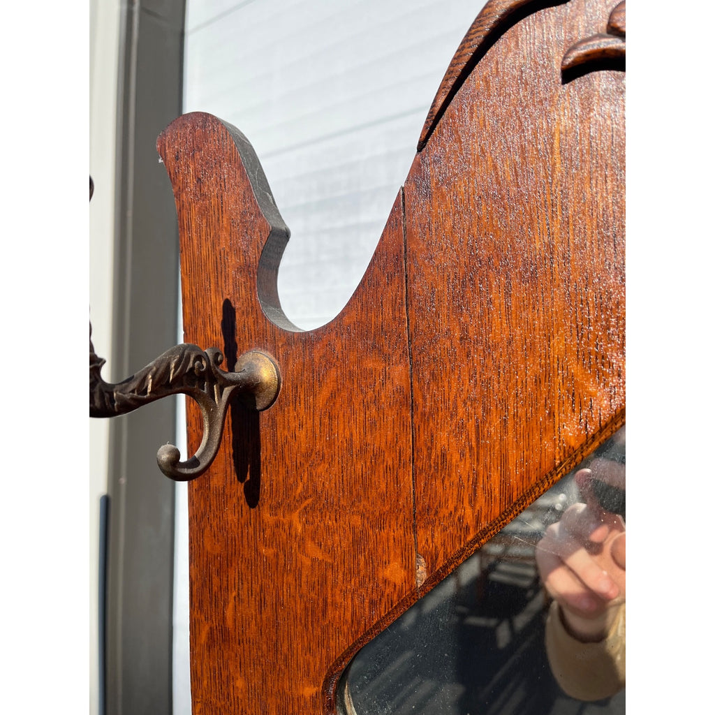 Antique 1900s Oak Hall Tree Stand Mirror Coat Rack Umbrella Brass Pan Arts & Crafts